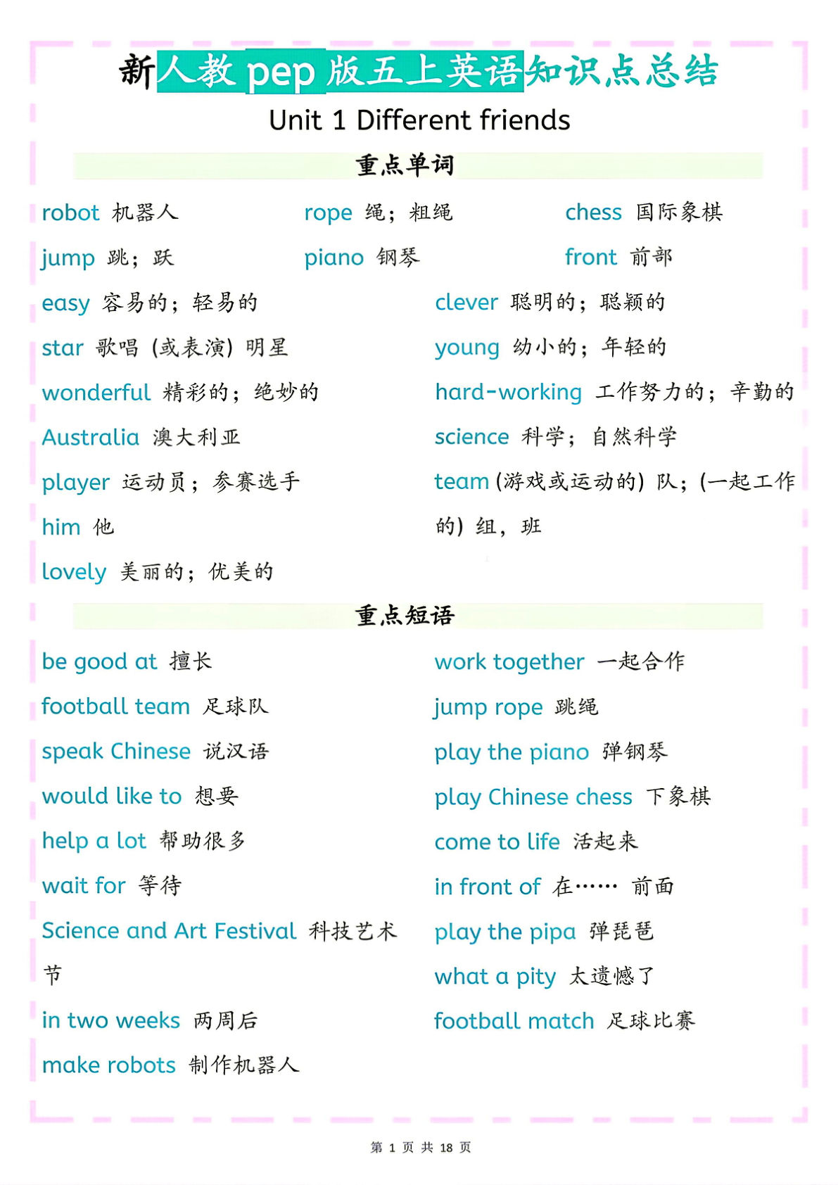 26秋新人教pep版五年级上册英语知识点总结18页