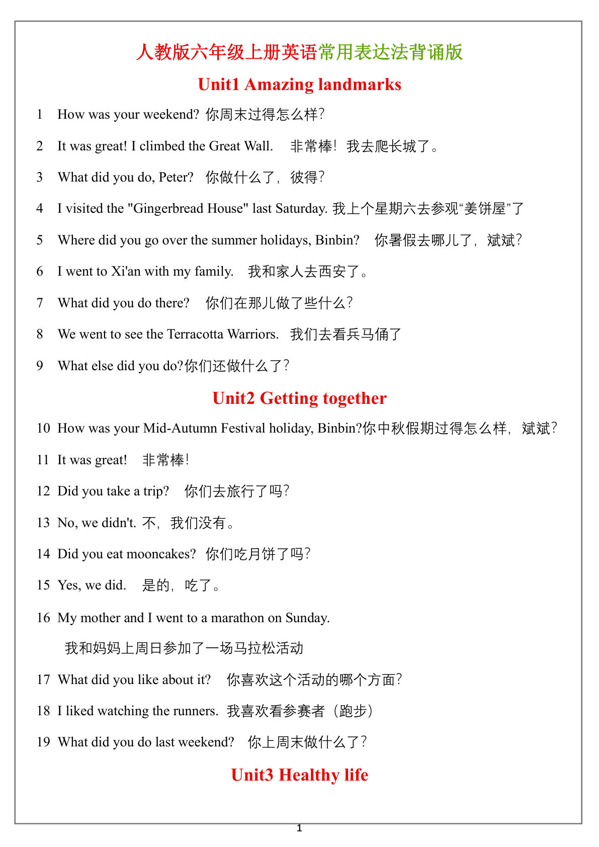六年级上册英语常用表达法（背诵表）