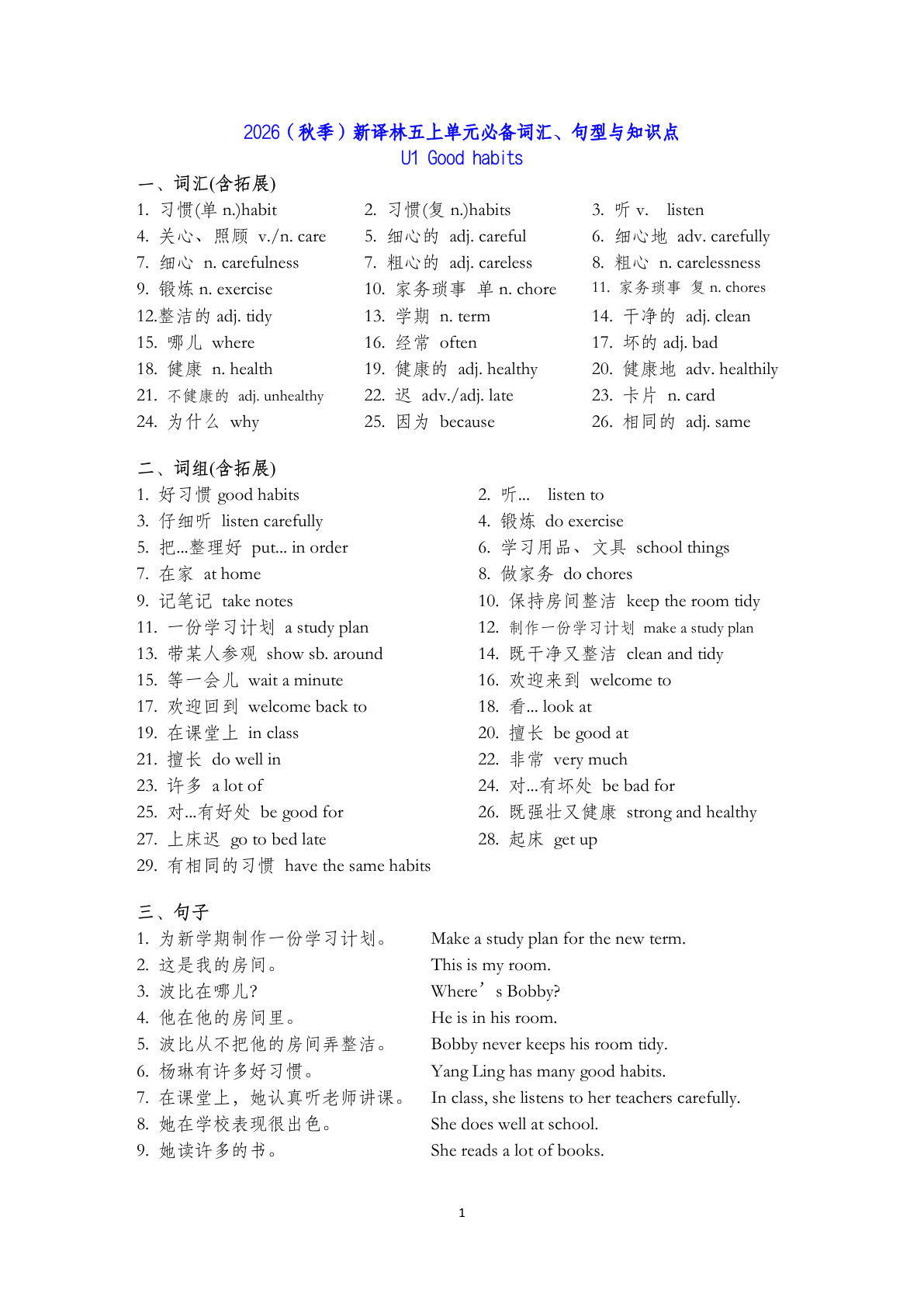 五年级上册英语译林 5A U1-U8 知识单（小四版）