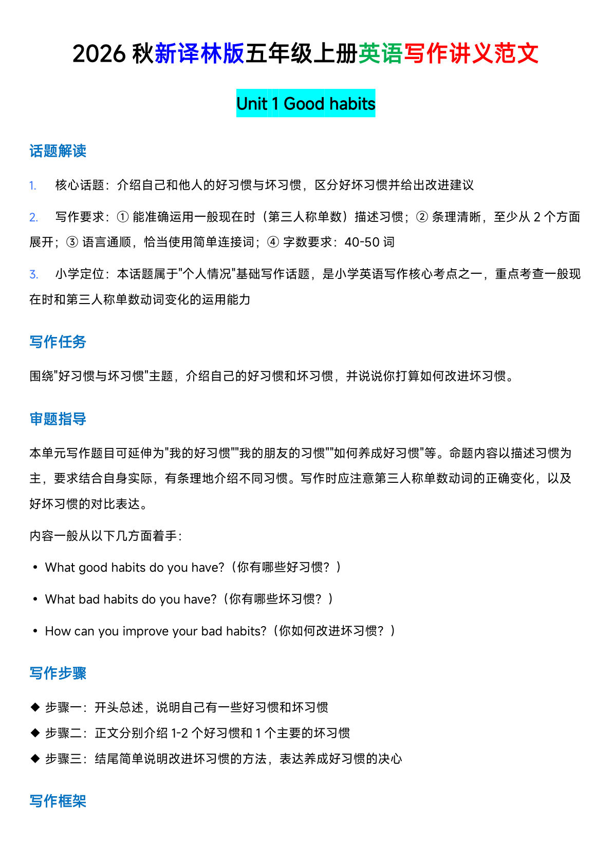 译林版五年级上册英语U1-U8同步写作课讲义
