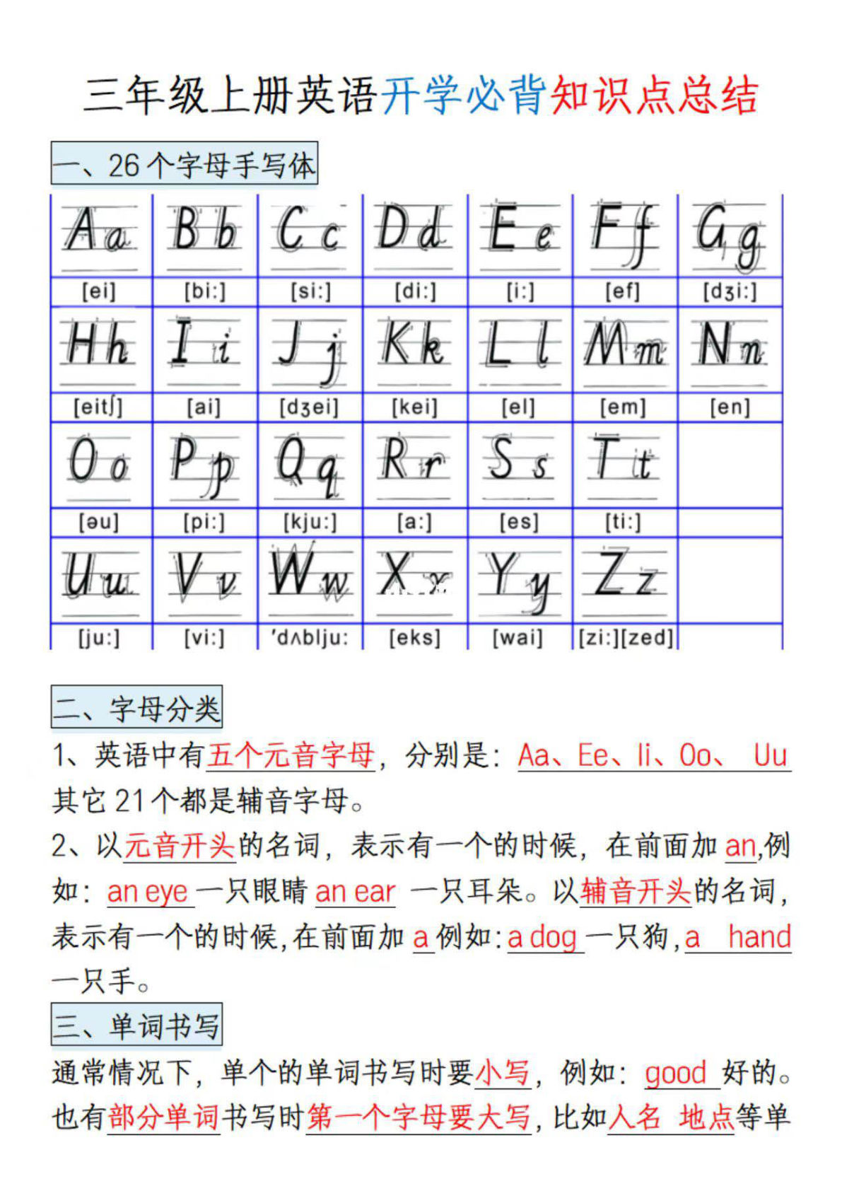 三年级上册英语开学必背知识点总结