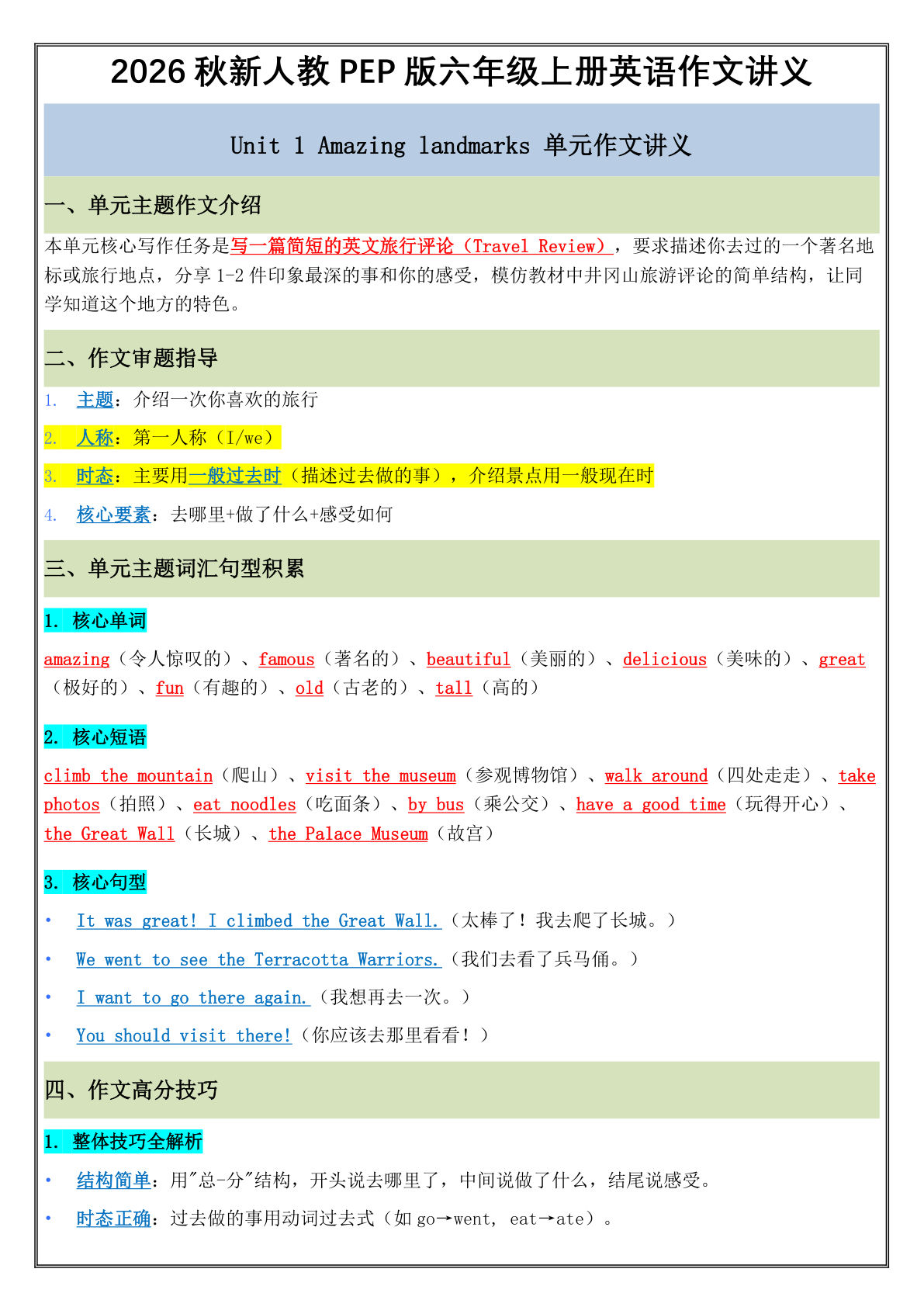 2026秋PEP人教版六年级上册英语U1-U6单元作文讲义与练习(1)