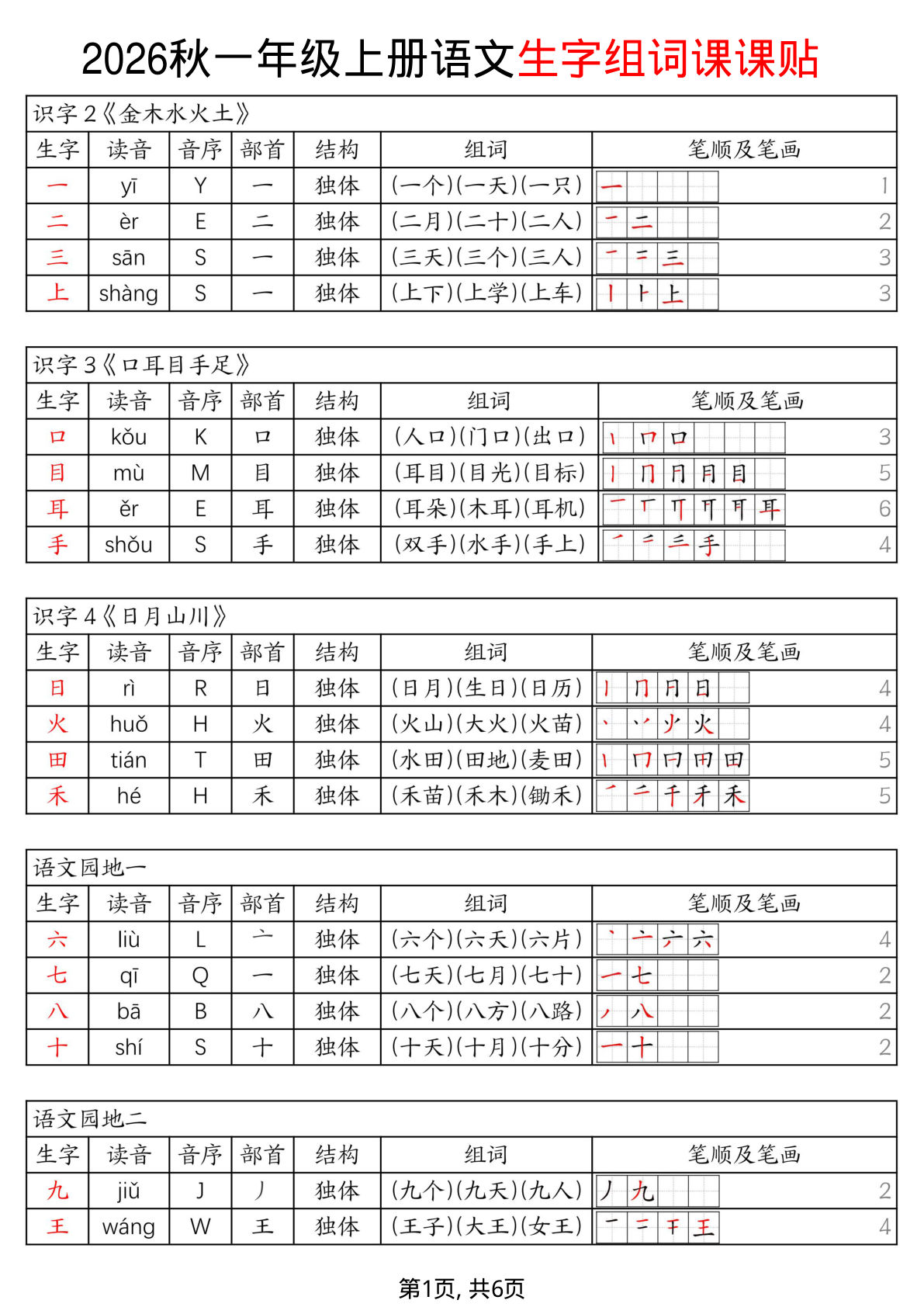 2026秋一年级上册语文暑假预习《生字组词课课贴》