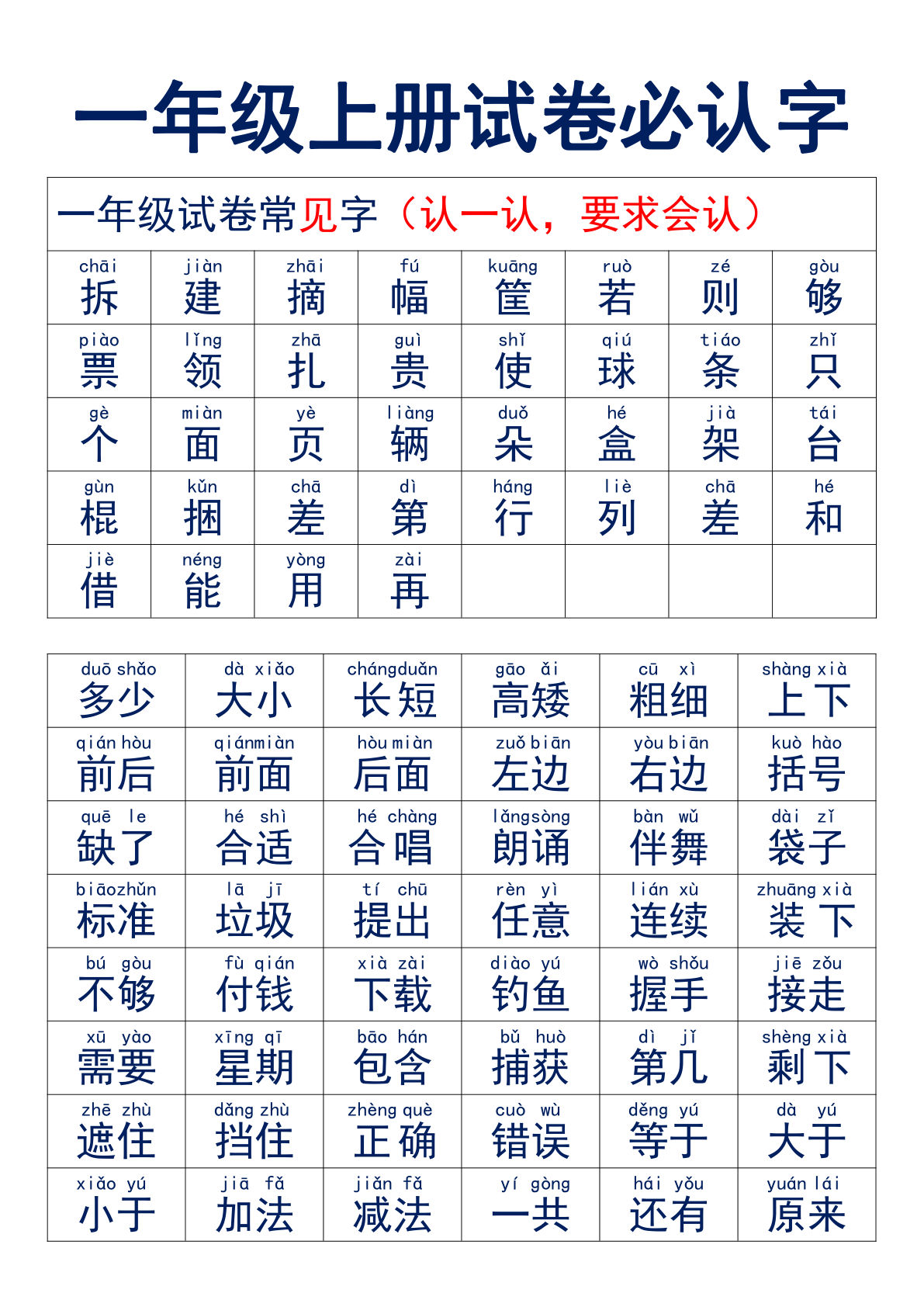 一年级上册语文试卷必认字