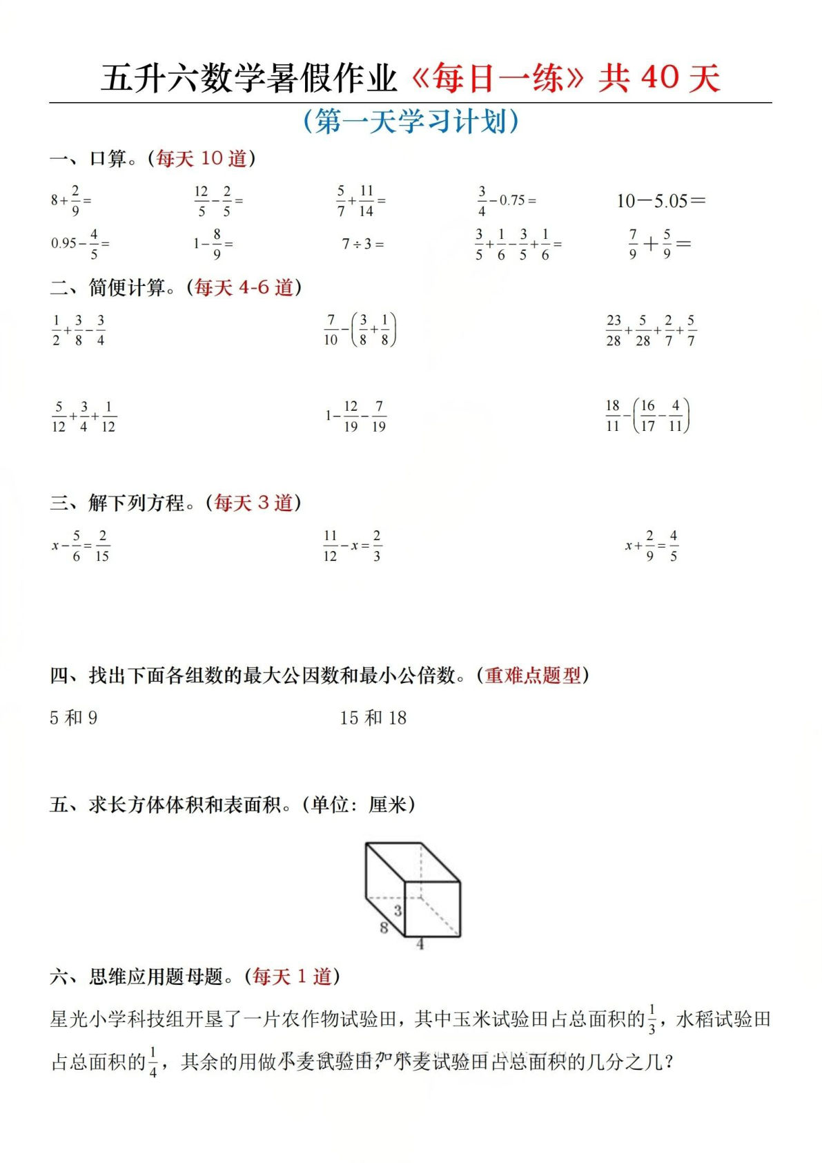 五升六年级上册数学暑假作业《每日一练》共40天