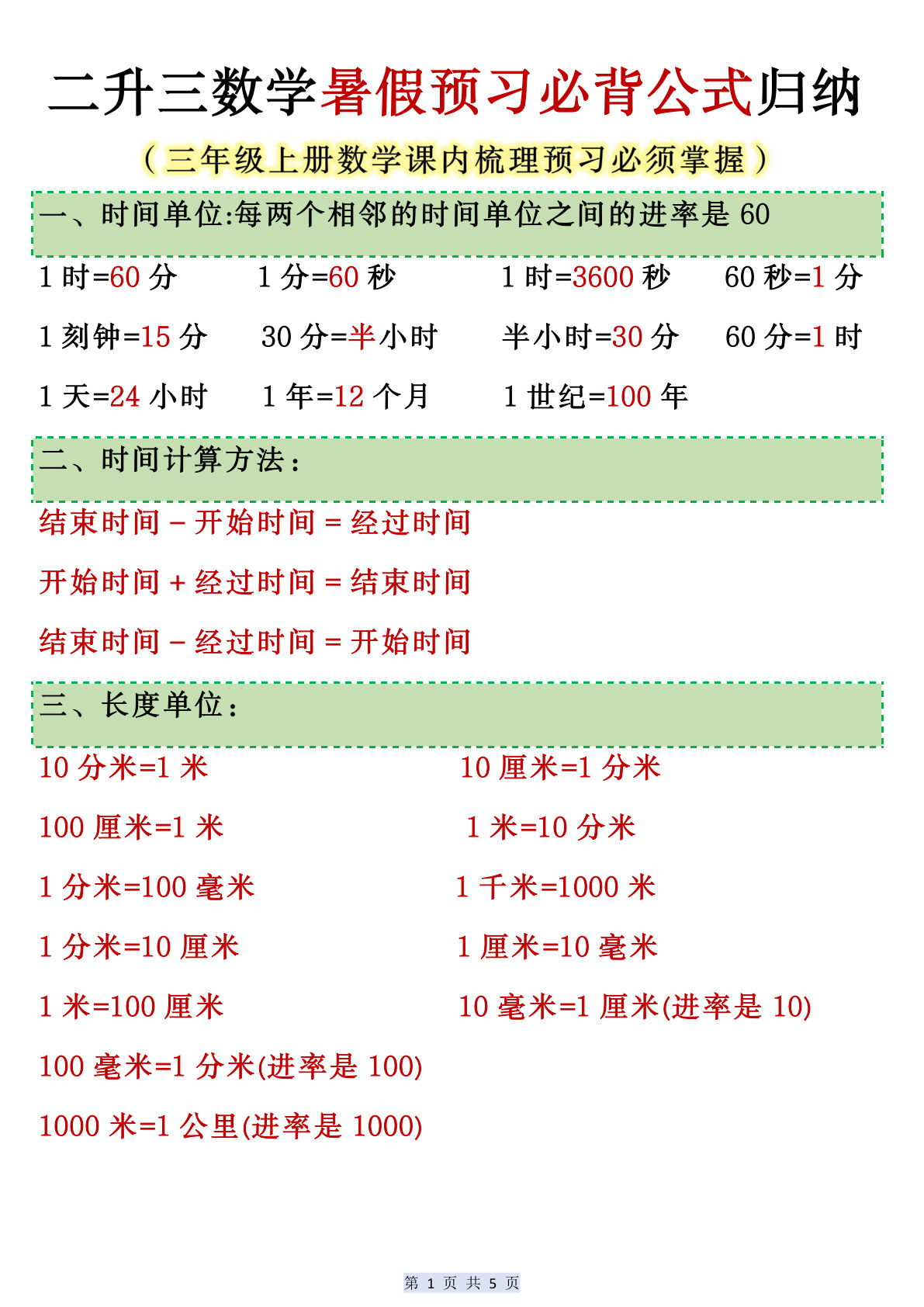 人教版二升三年级上册数学暑假预习必背公式归纳