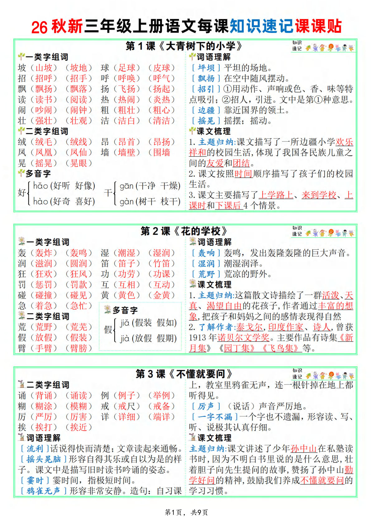 26秋新三年级上册语文每课知识速记课课贴9页