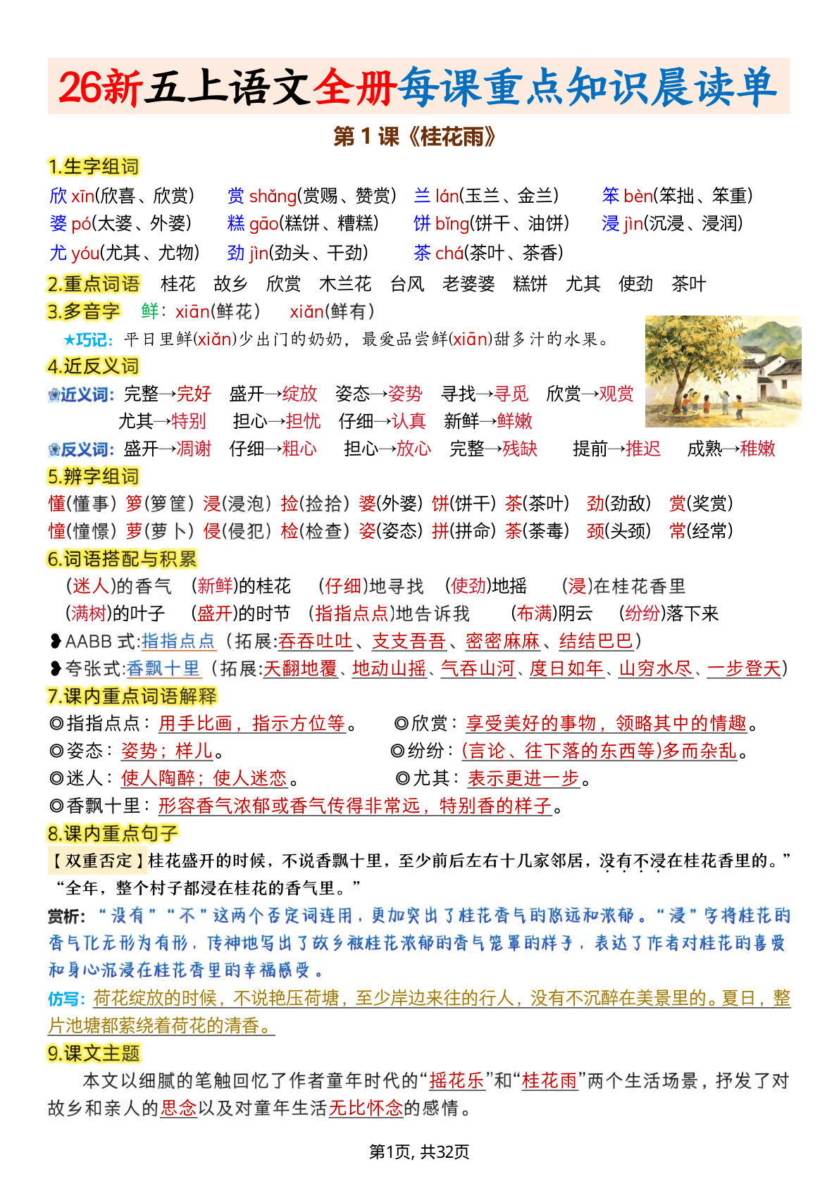 26新五年级上册语文全册1-25课每课重点知识晨读单32页