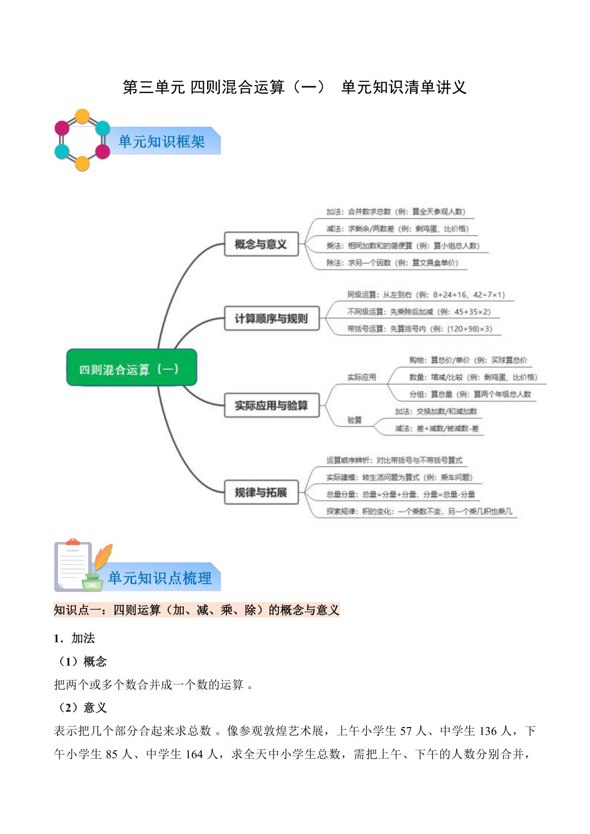 新西师版三年级上册数学知识清单 第三单元+四则混合运算（一）（原卷版）