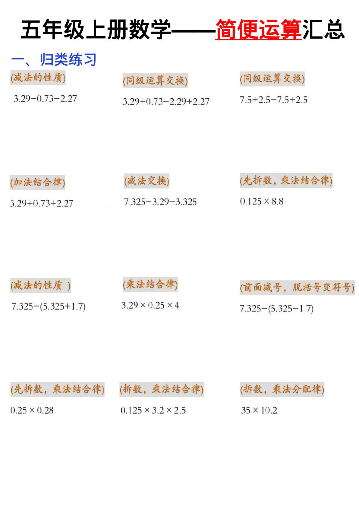 五年级上册数学&mdash;&mdash;简便运算汇总