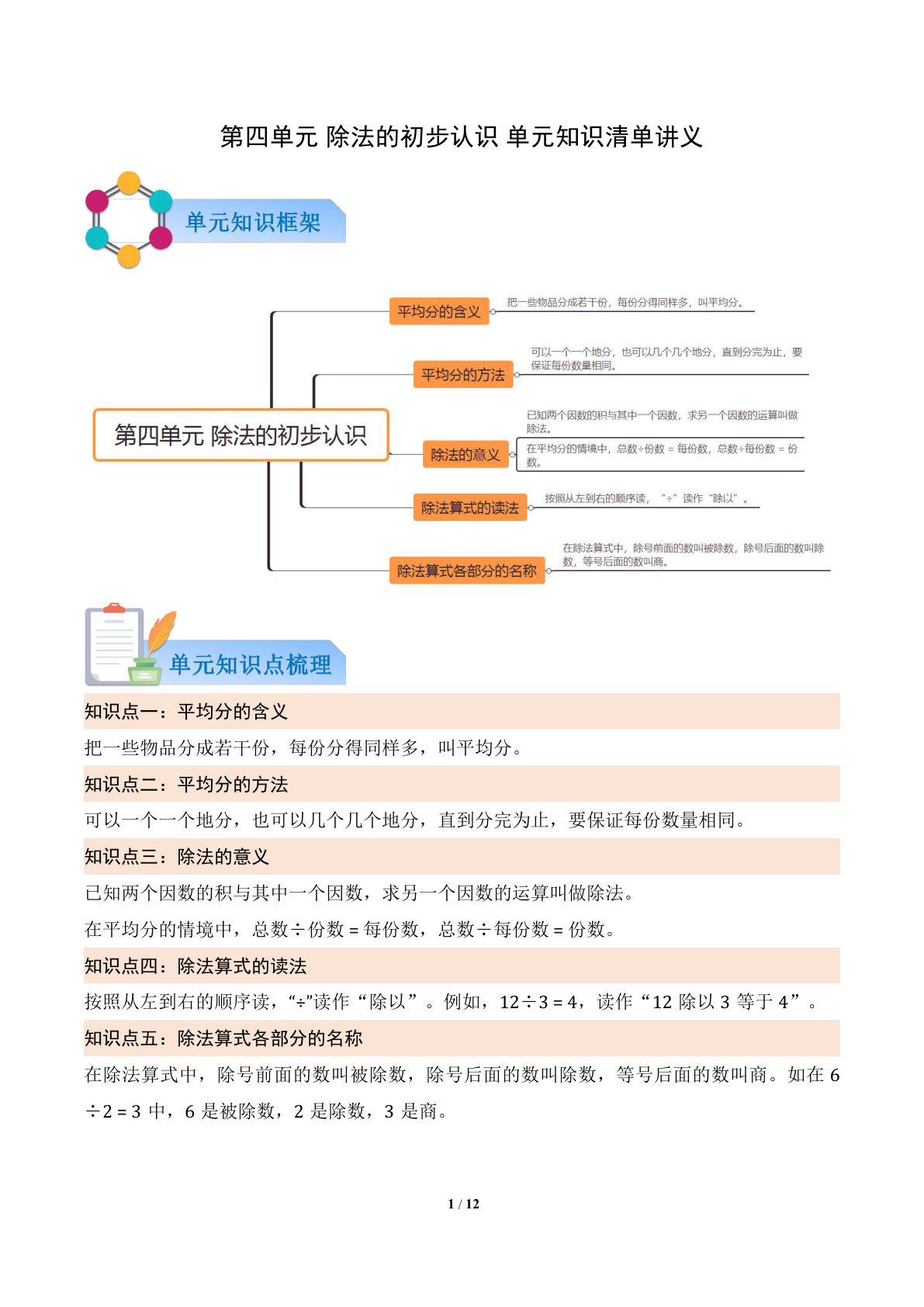 新青岛63二年级上册数学知识清单 第四单元 除法的初步认识（解析版）