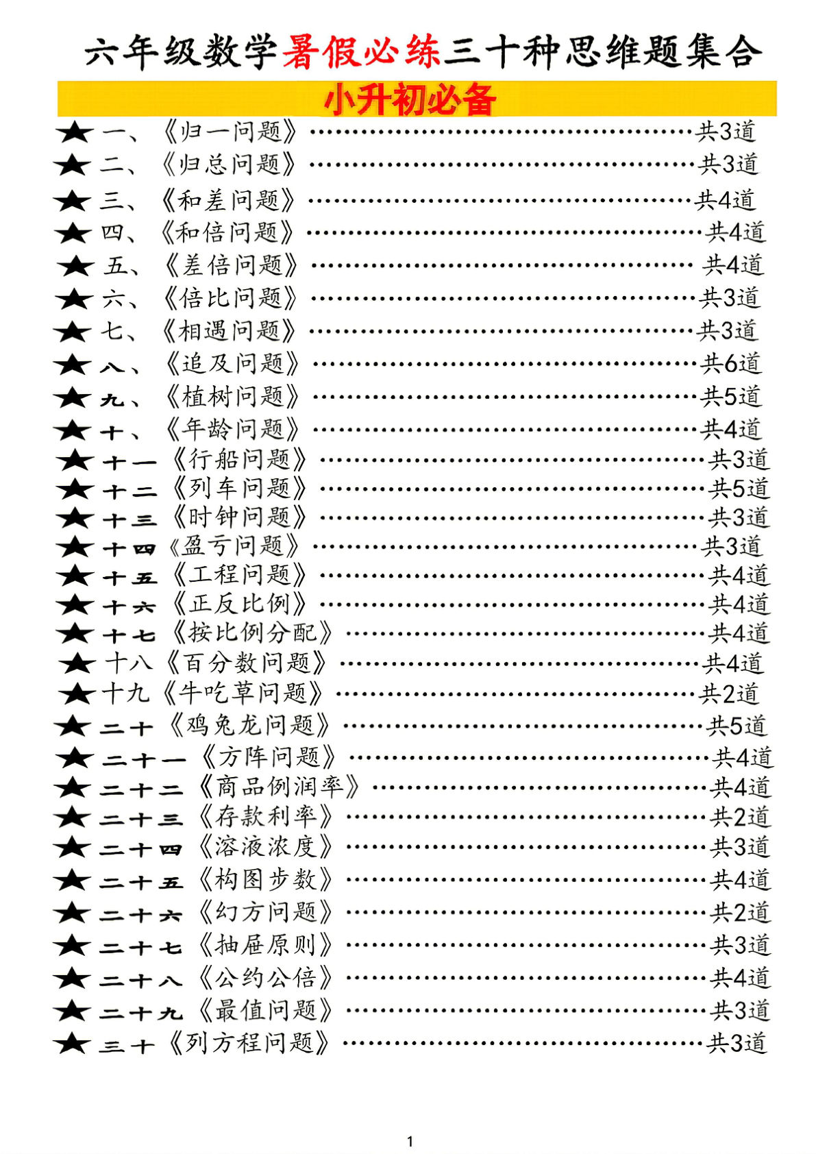 六年级上册数学暑假必练三十类常见类思维提升汇总