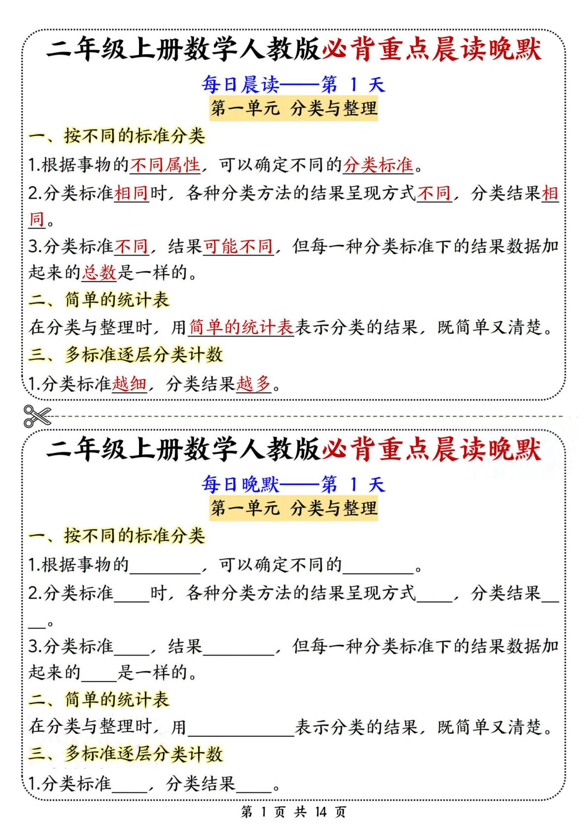 新二年级上册数学人教版必背重点晨读晚默14天（14页）