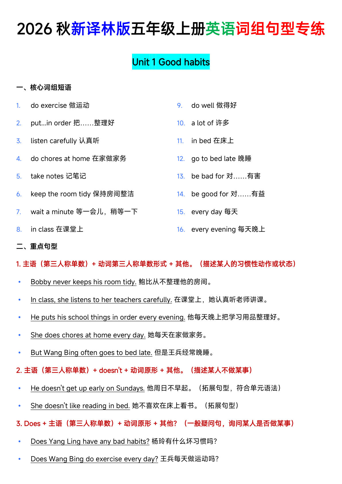 新译林版五年级上册英语U1-U8词组句型专项训练