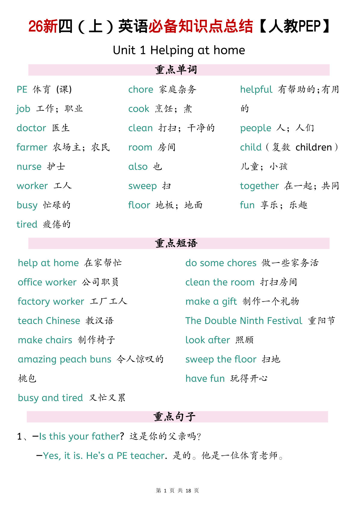26新四年级上册英语必背知识点总结《人教PEP版》