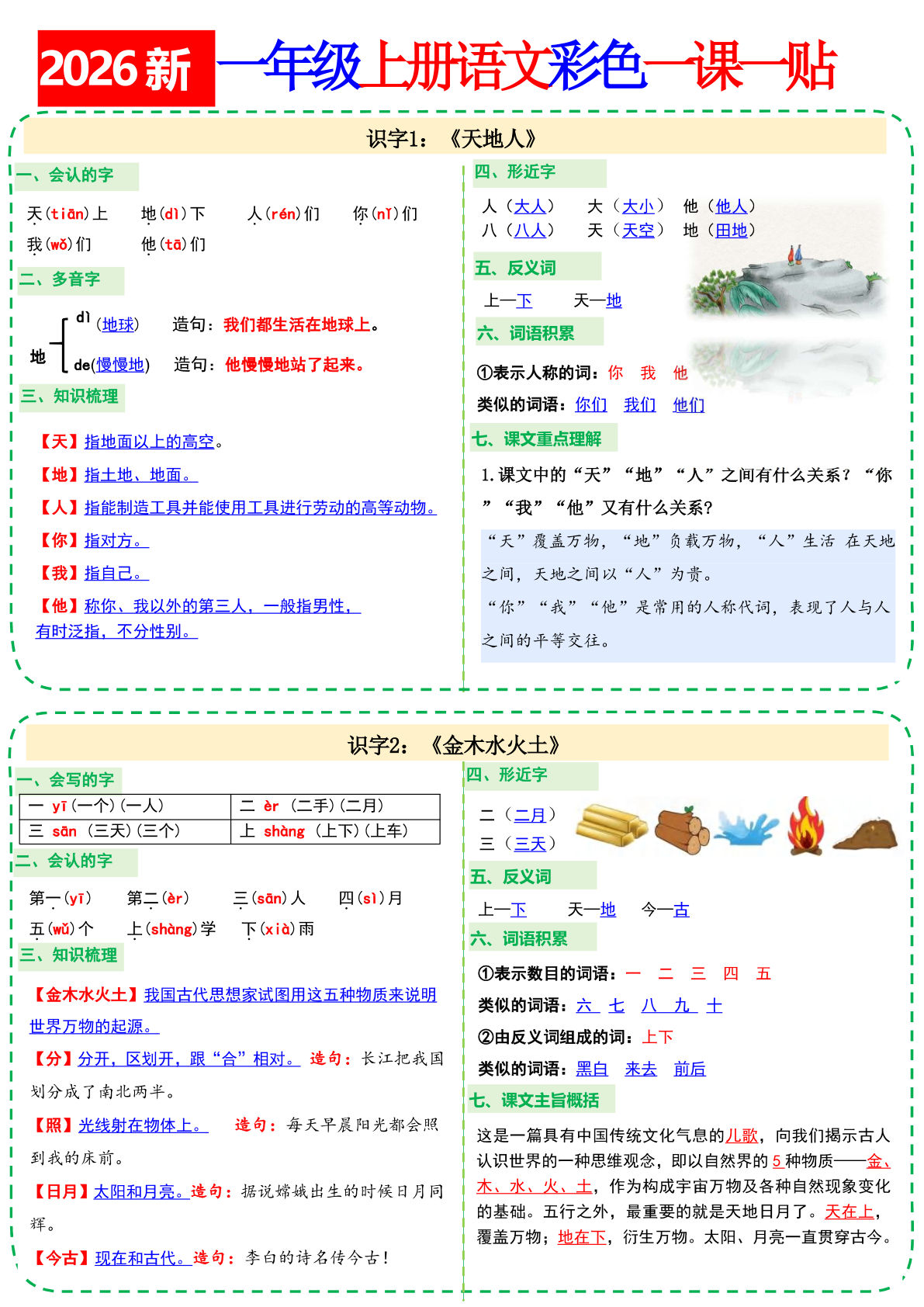 26新一年级上册语文小纸条课课贴20页