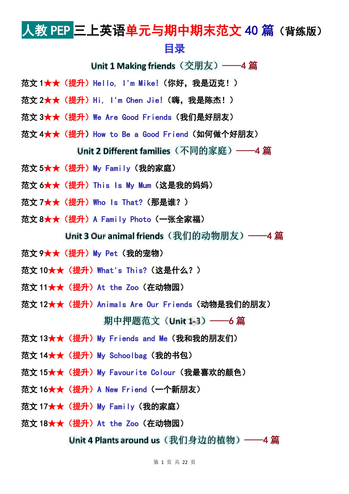 26新三年级上册英语【单元期中期末】作文范文40篇++人教PEP