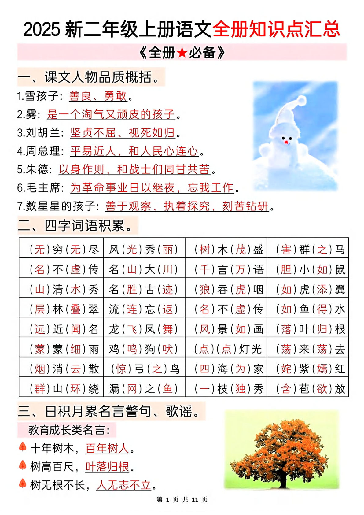 【25新二年级上册语文期末复习全册必备知识点汇总（11页）