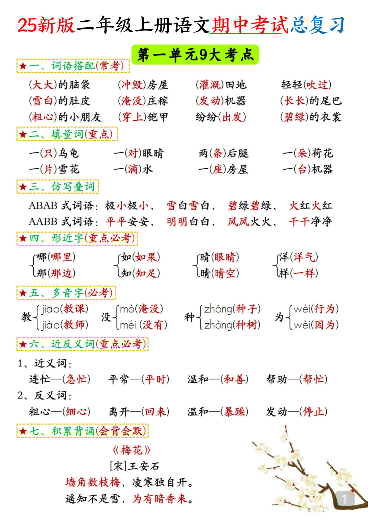 【25新版二年级上册语文期中考试总复习高频考点汇总（8页）