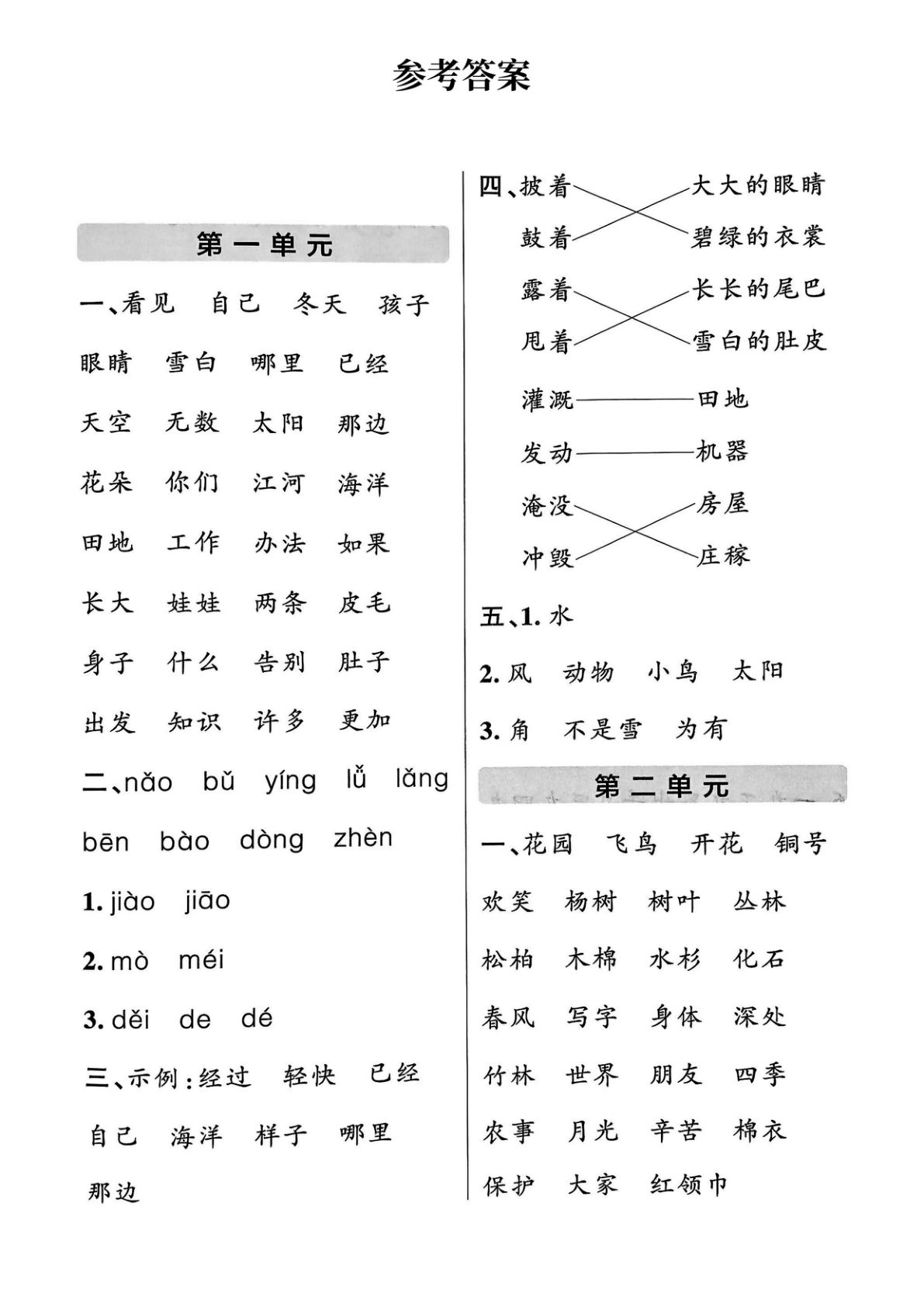 二年级上册语文单元默写通关答案
