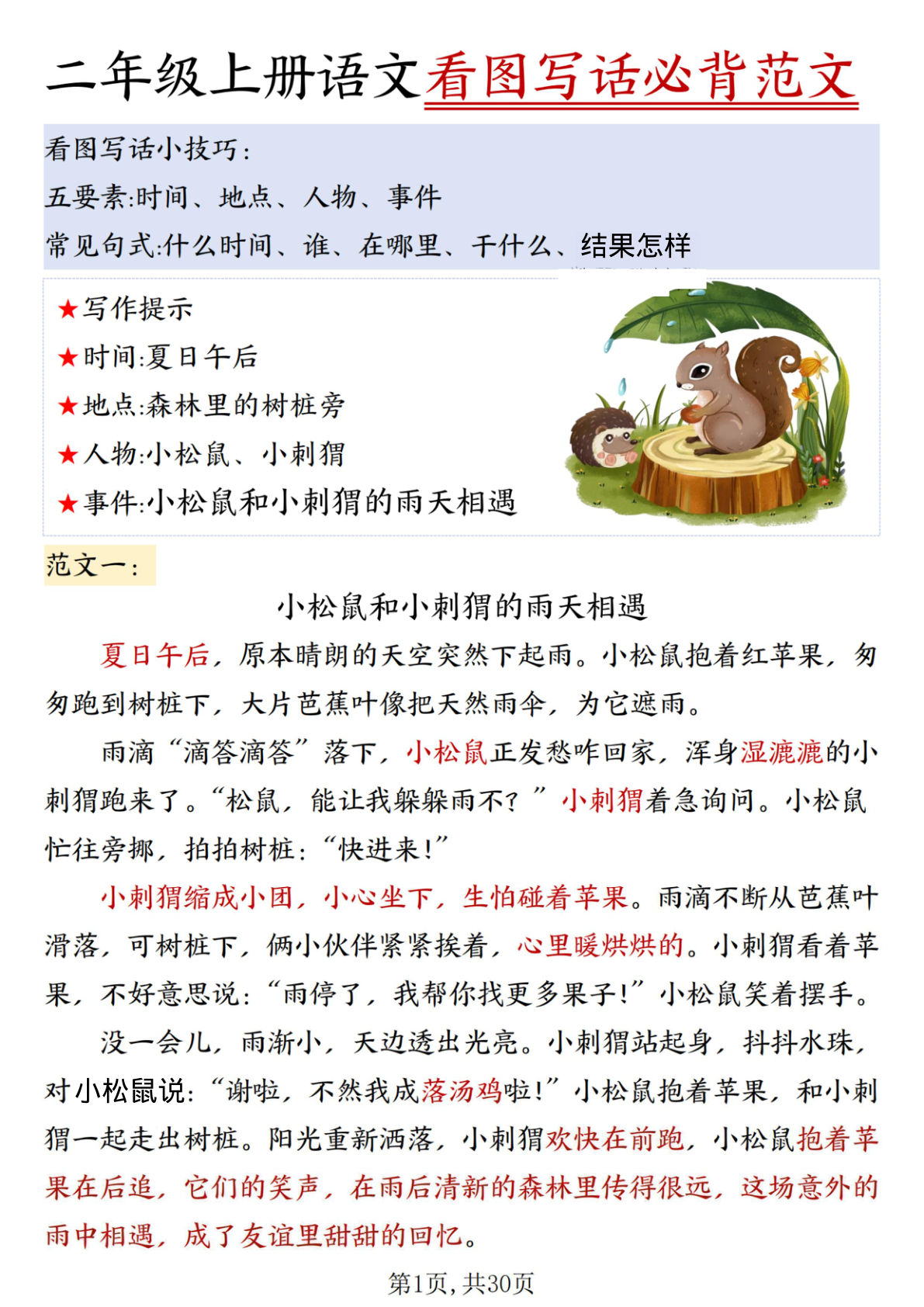 二年级上册语文看图写话必背范文