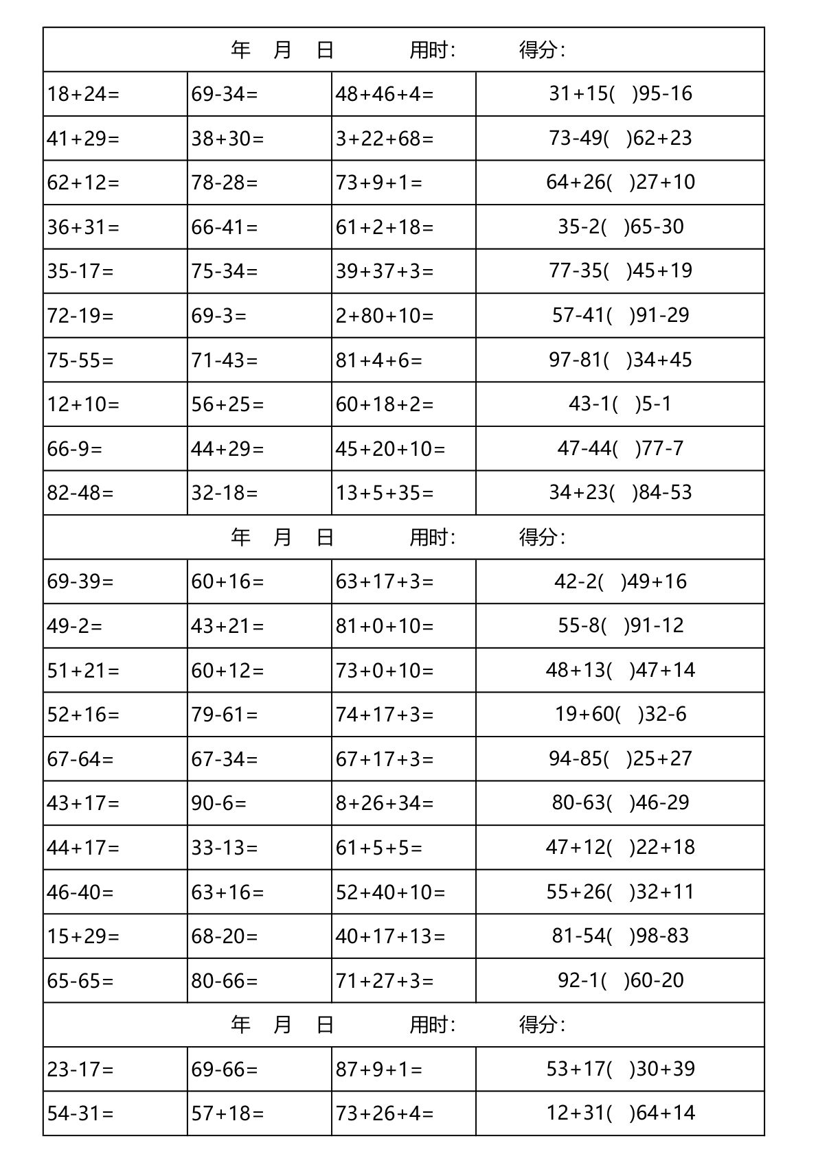 二年级上册数学【100以内加减法口算天天练（3300道）】