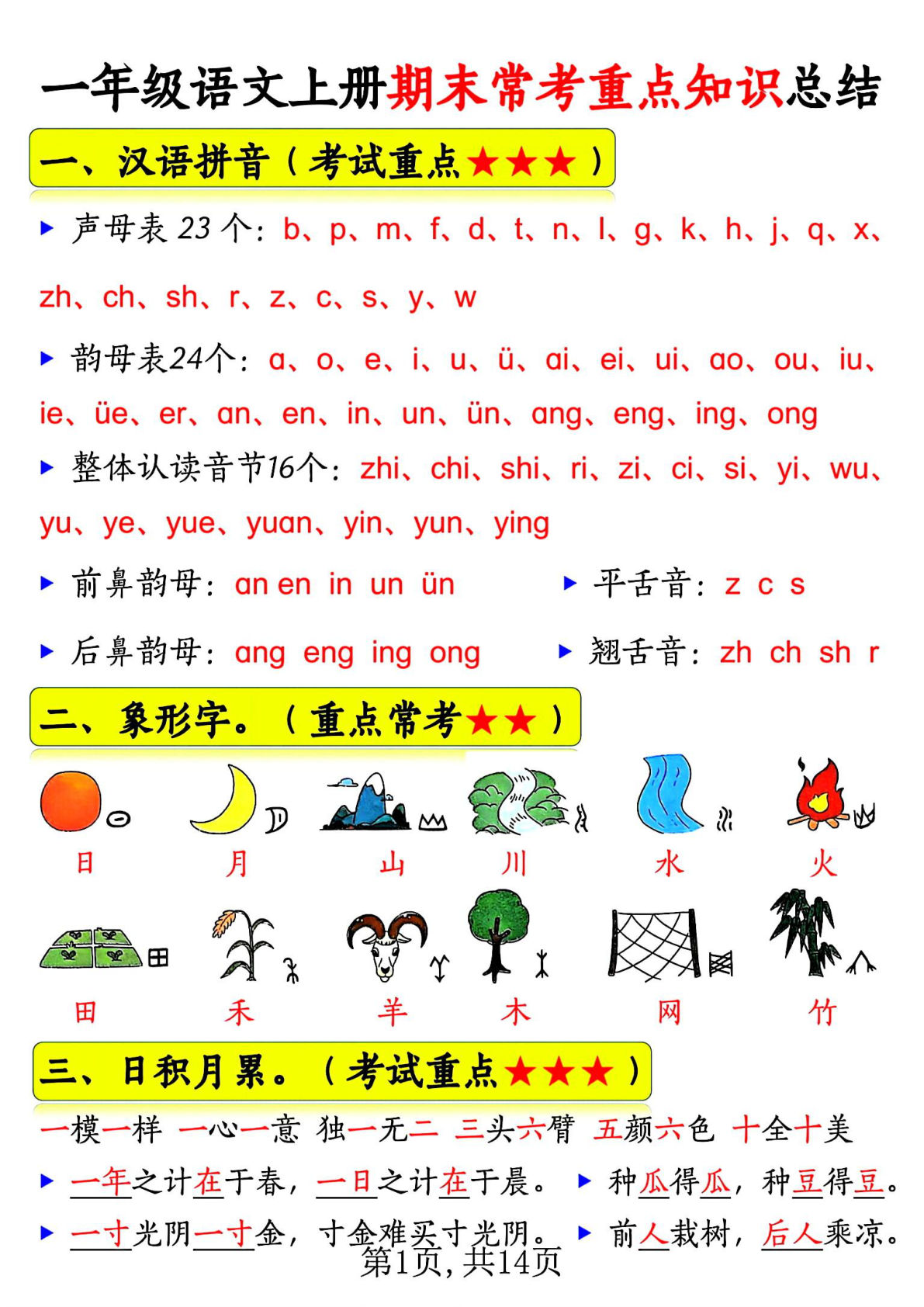 一年级语文上册期末常考重点知识总结(1)