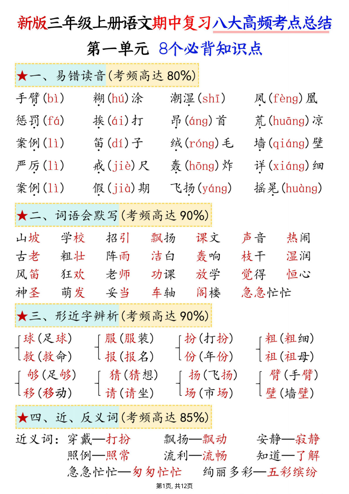 三年级上册语文期中复习1-4单元八大高频考点总结