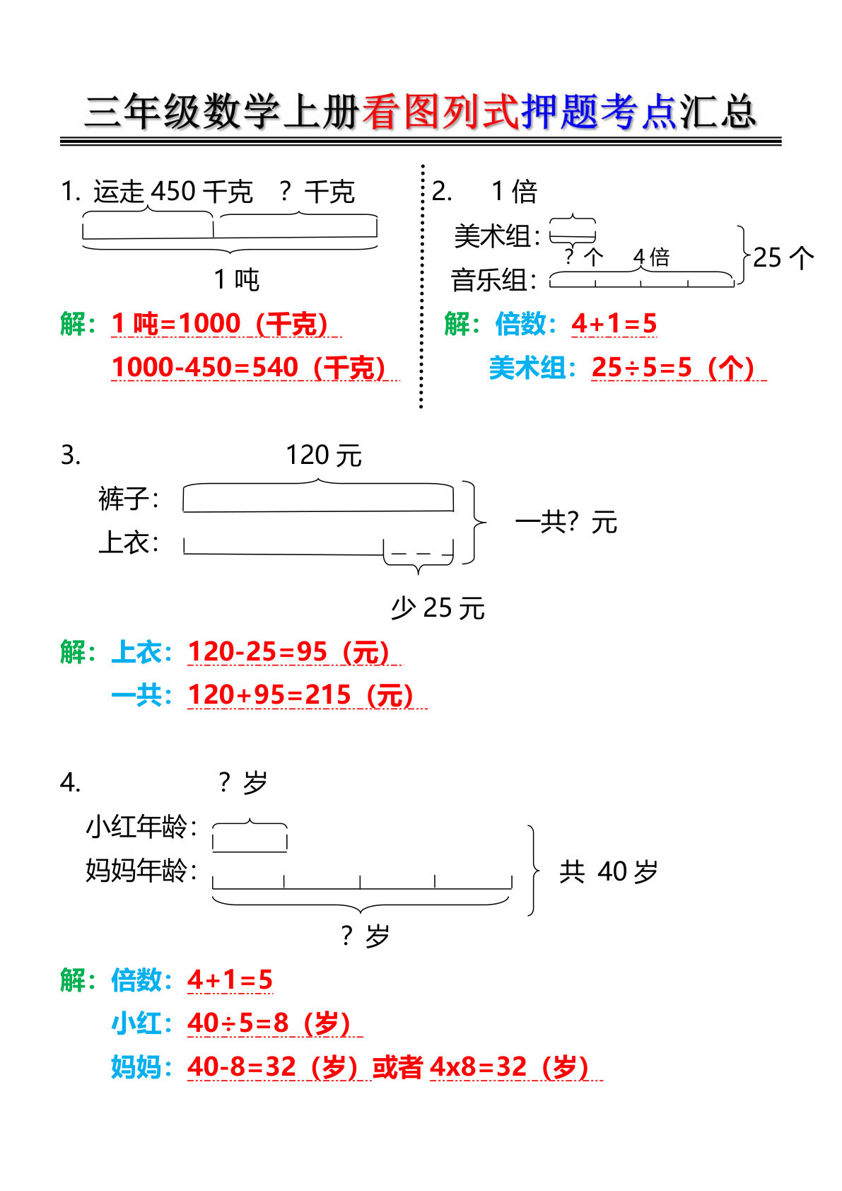 三年级上册数学看图列式押题考点汇总