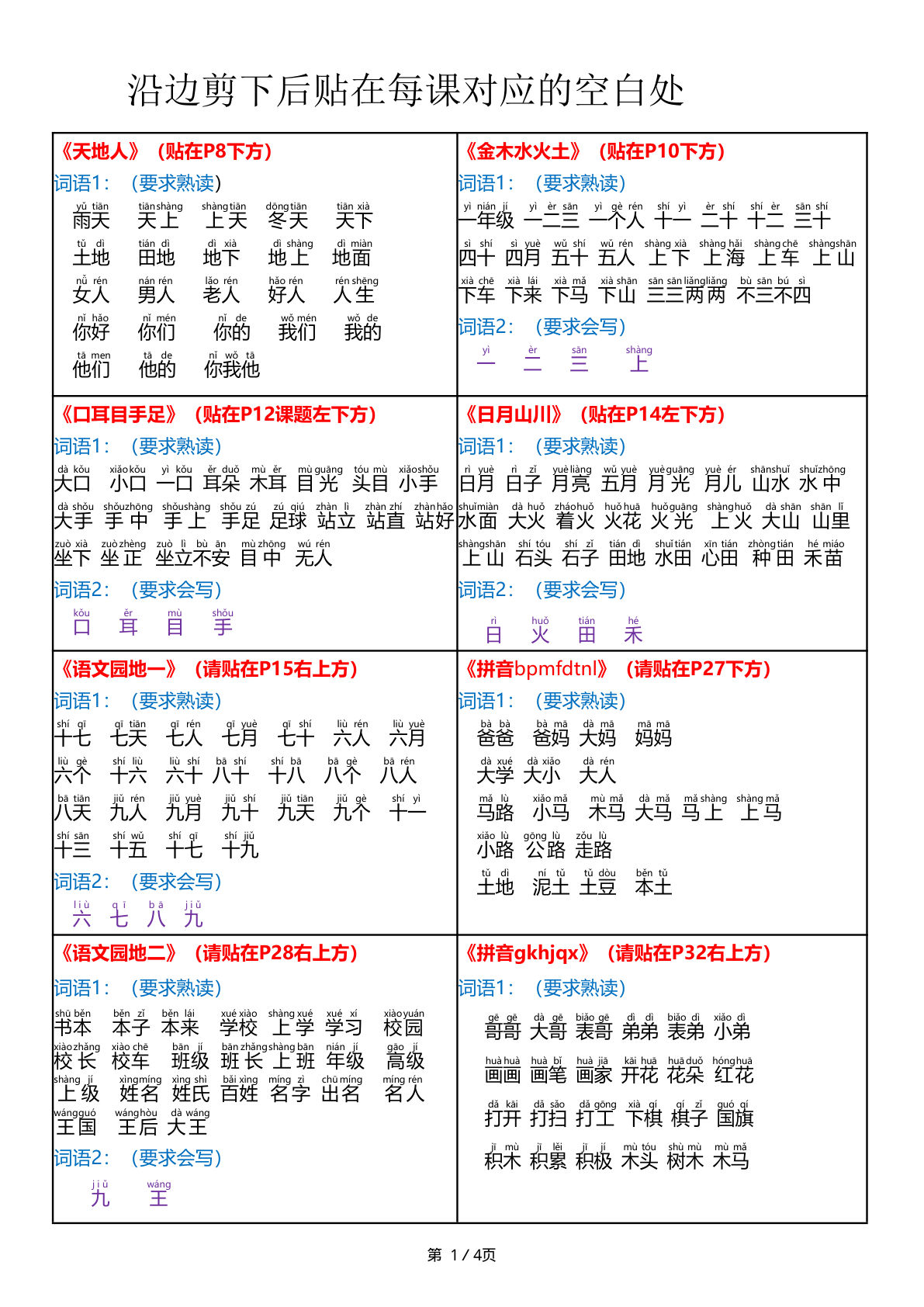 一年级上册语文【每课词语重点书贴课课贴】