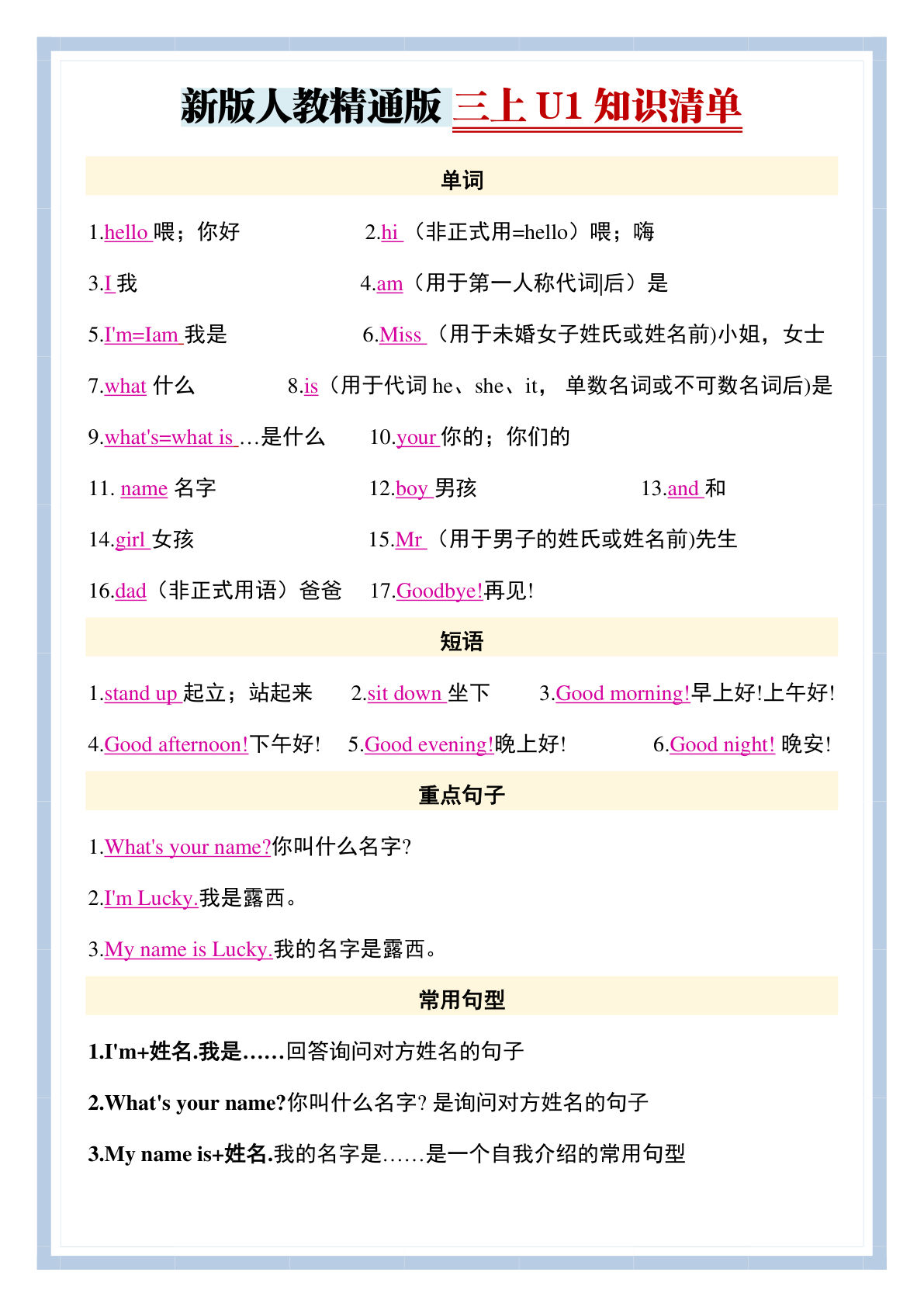 三年级上册人教精通版英语【单元知识清单】