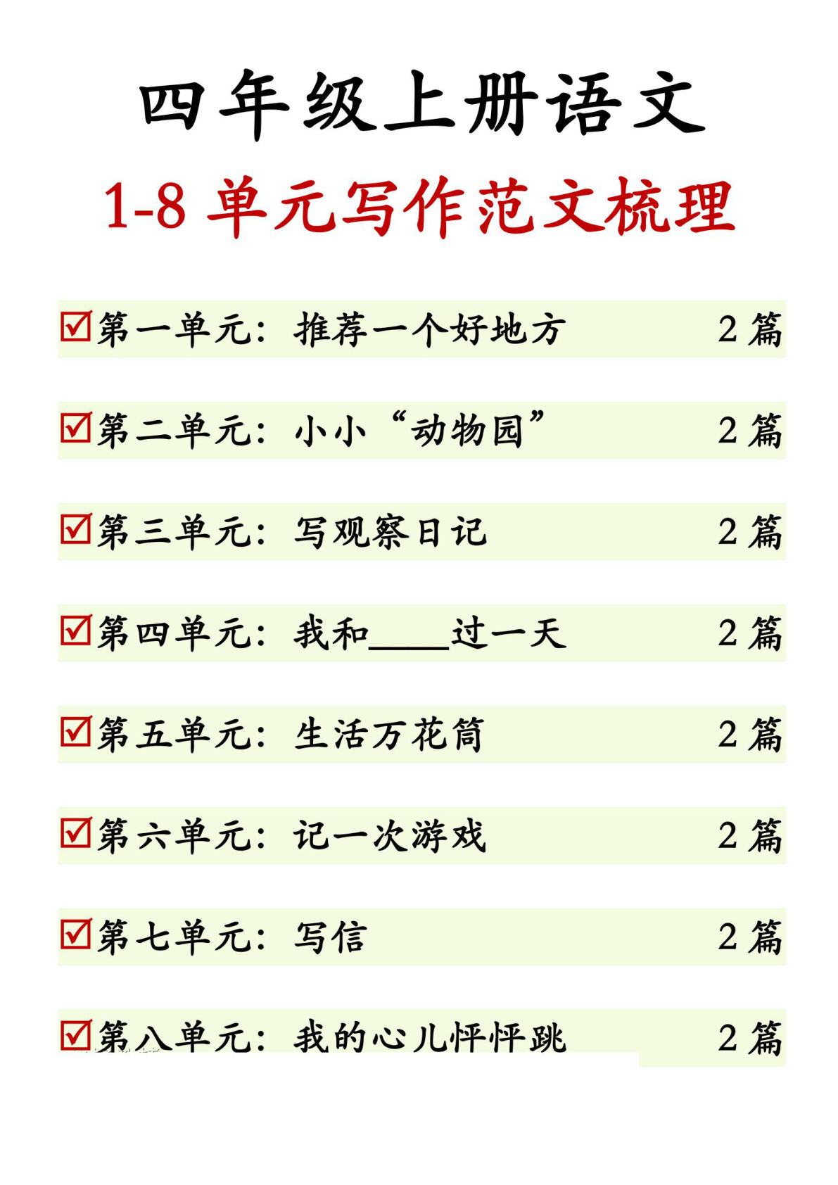四年级上册语文【1-8单元作文范文】