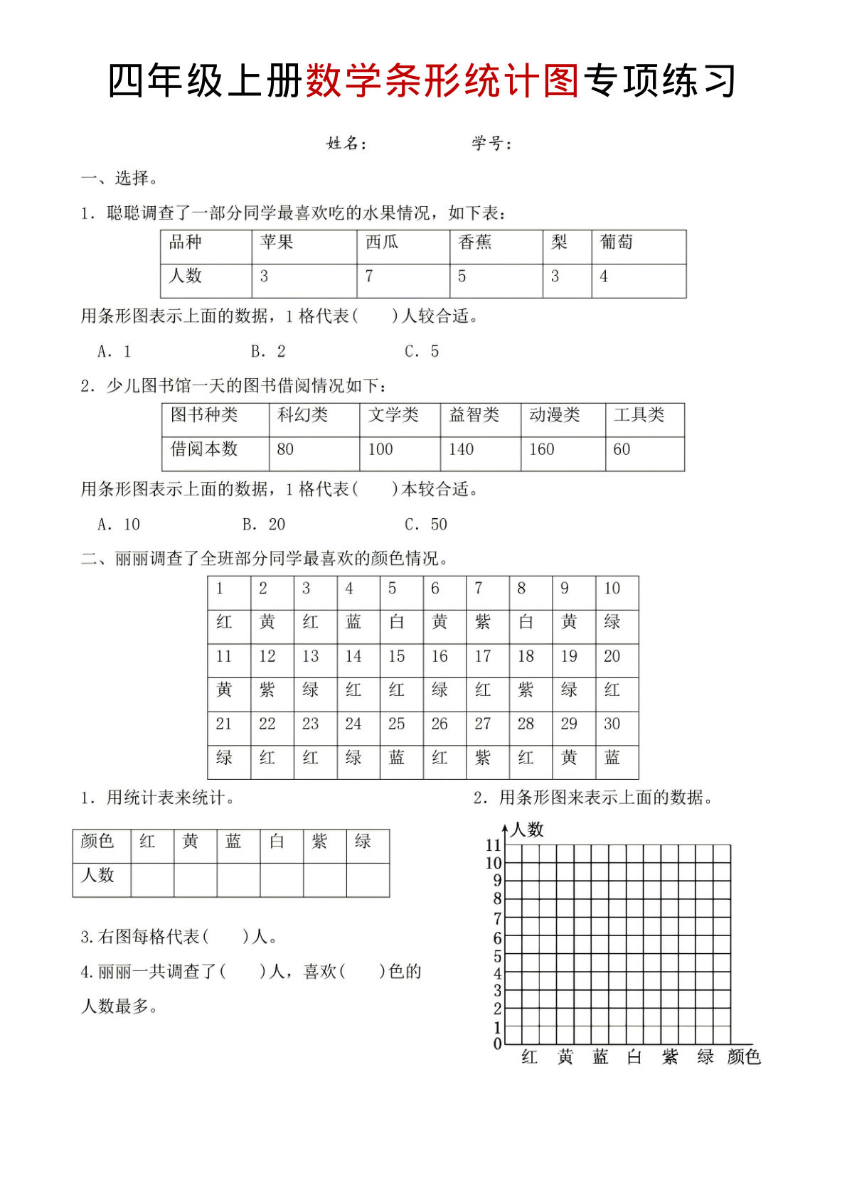 四年级上册数学条形统计图专项练习