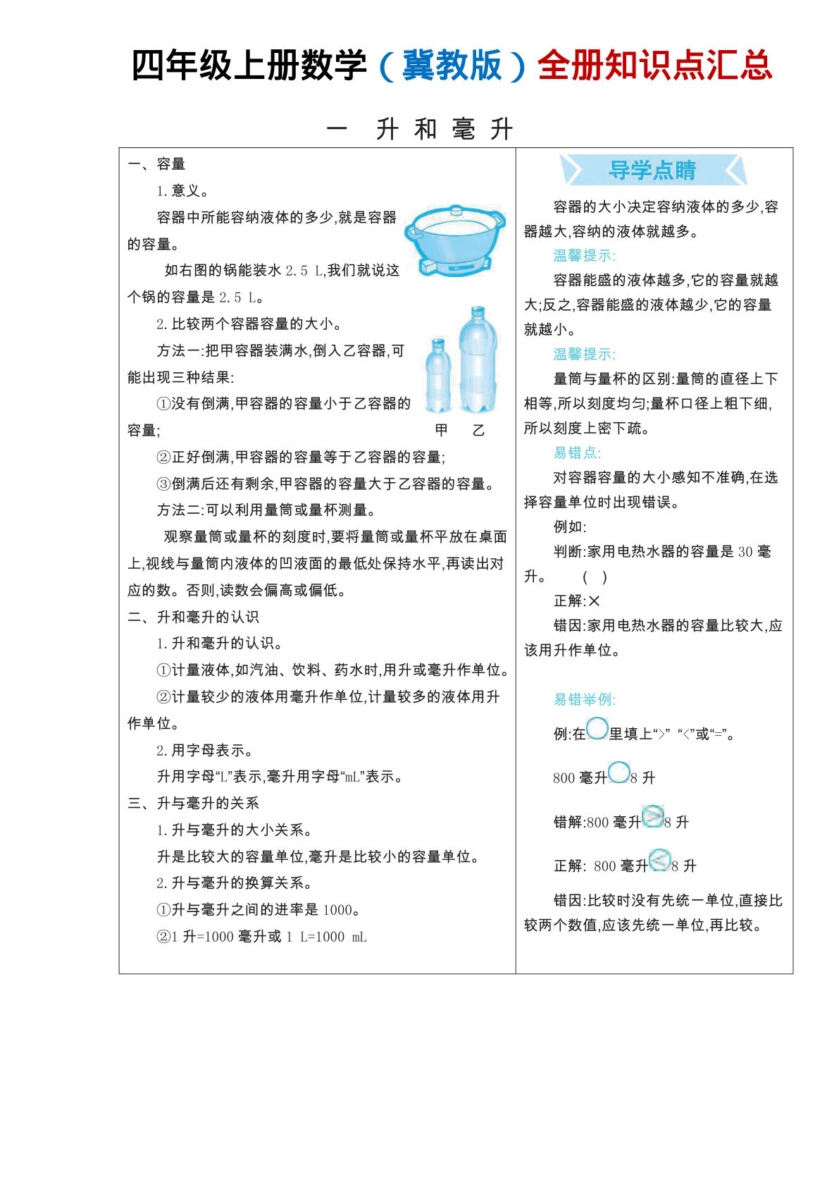四年级上册冀教版数学【全册知识点汇总】