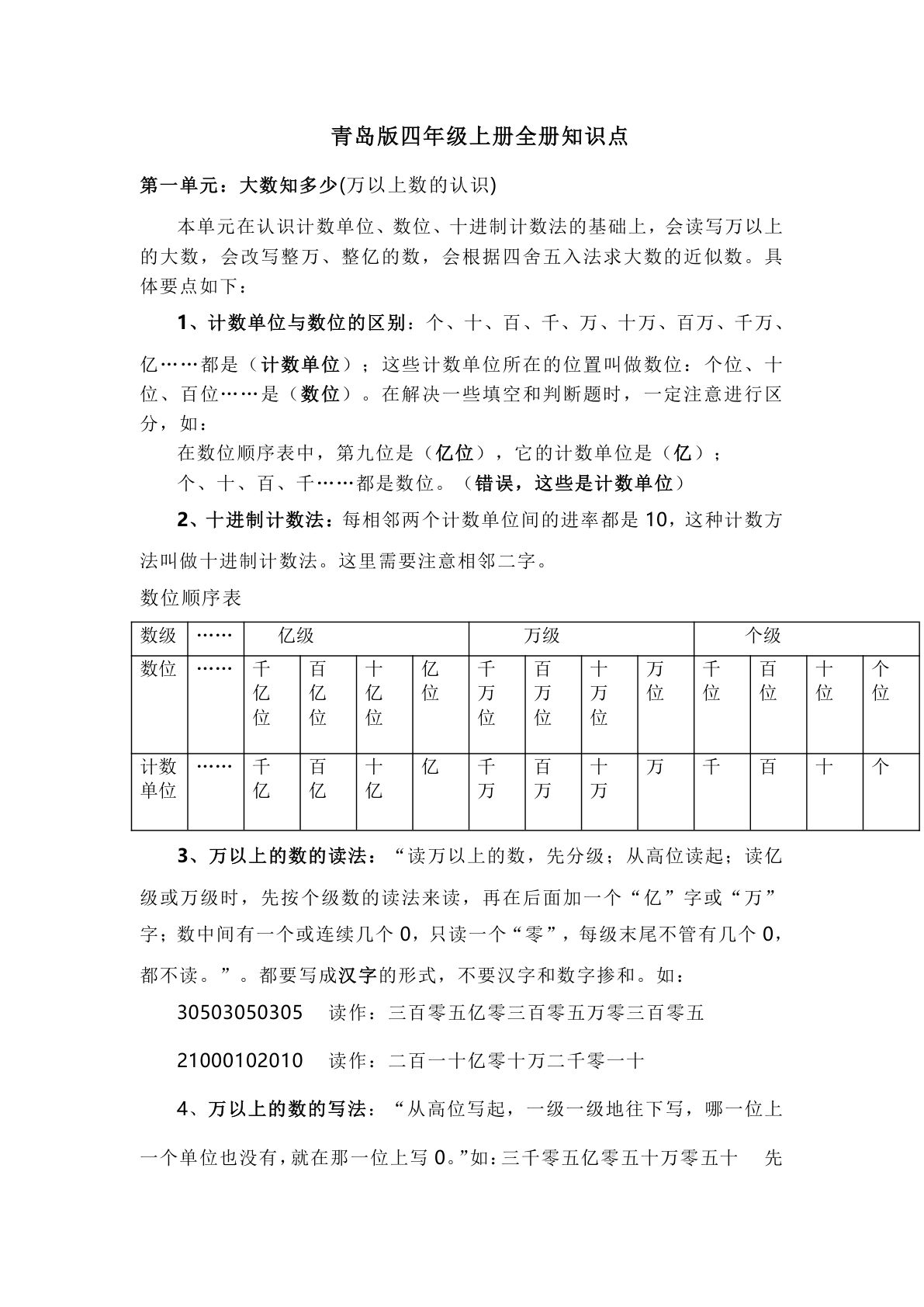 四年级上册青岛版数学重点知识点预习