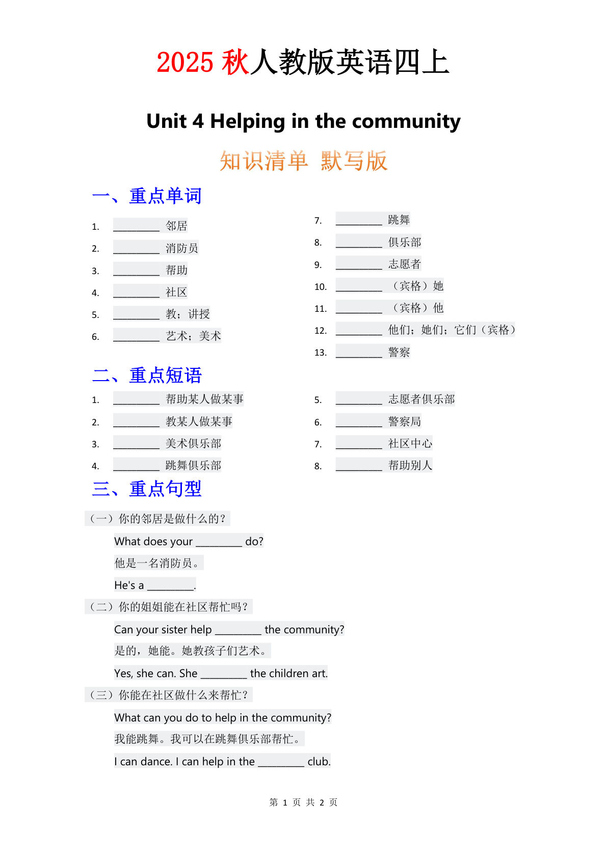 四年级上册人教PEP版英语【知识清单 Unit 4 默写版】