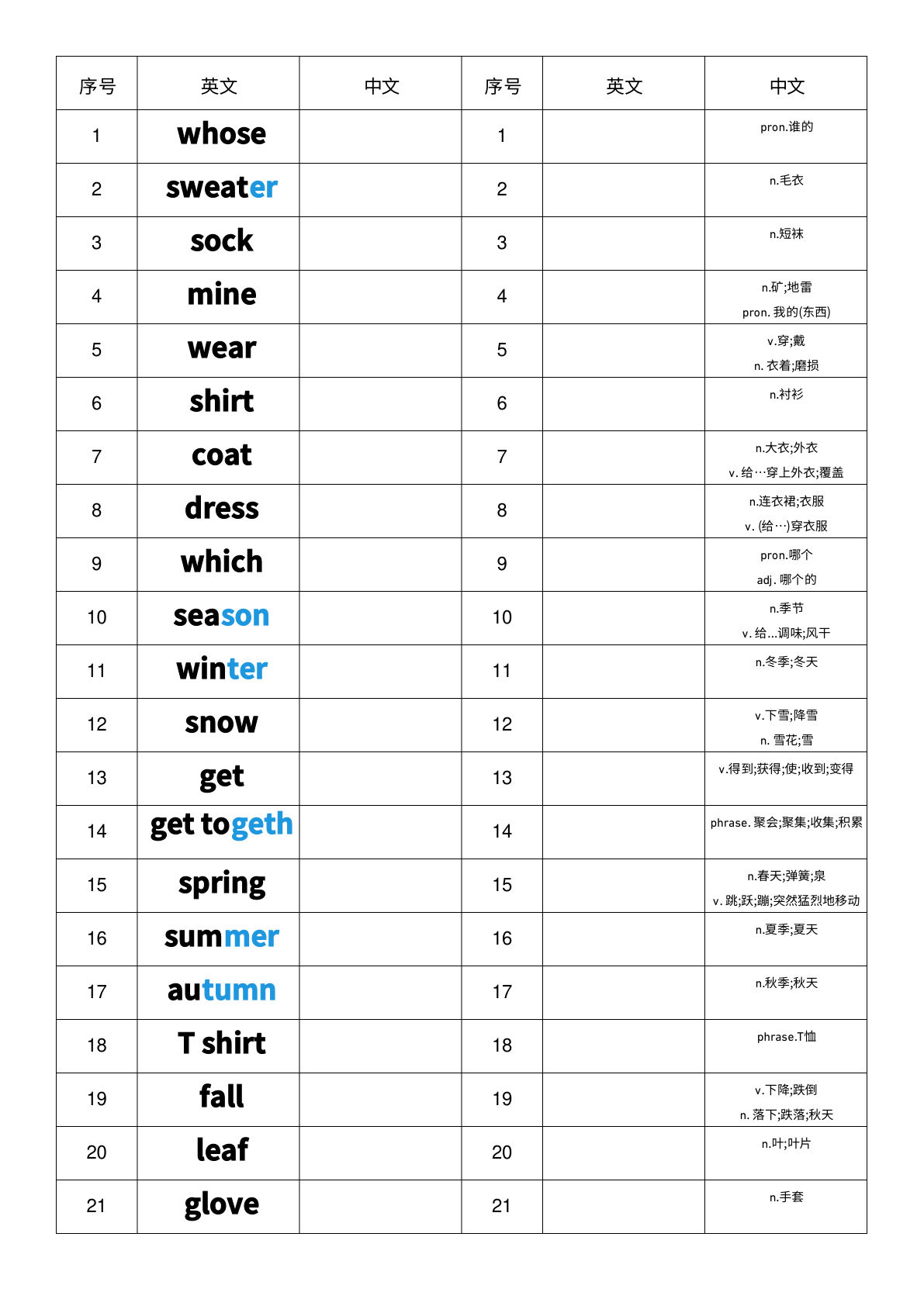 四年级上册人教PEP版英语【Unit6-英汉互译小纸条】