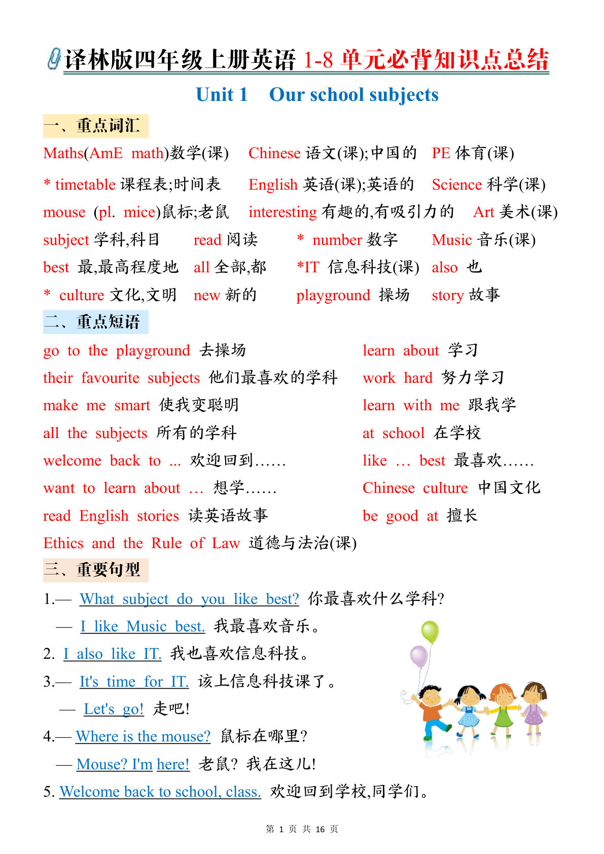 四年级上册译林版英语【必背知识点总结】