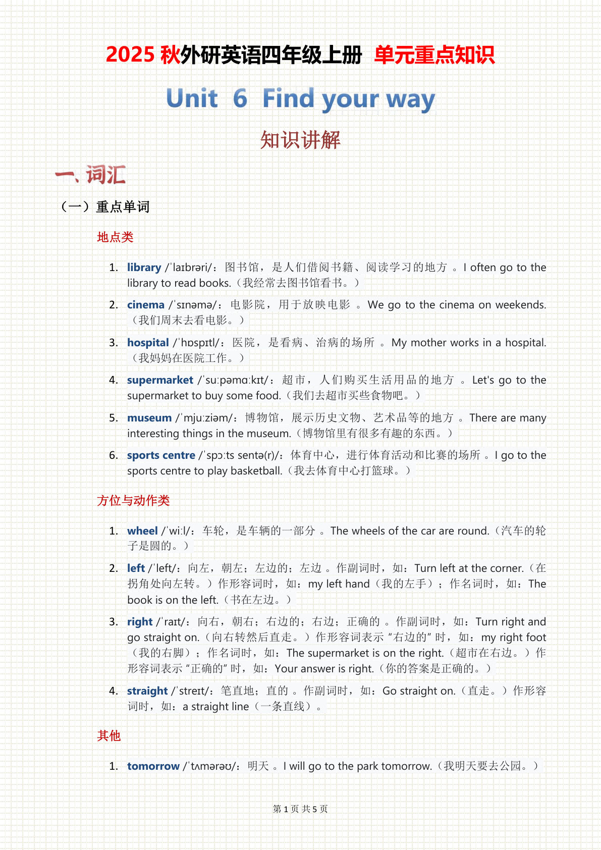 2025秋外研英语四年级上册 单元重点知识 Unit 06（5页）