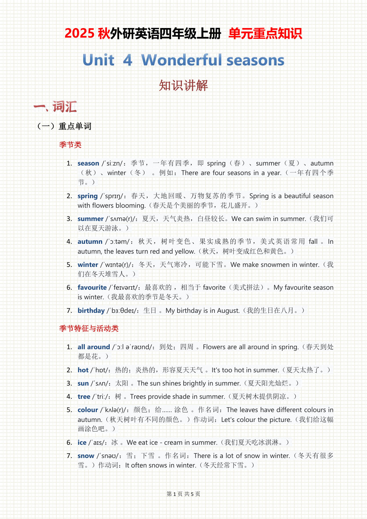 2025秋外研英语四年级上册 单元重点知识 Unit 04（5页）