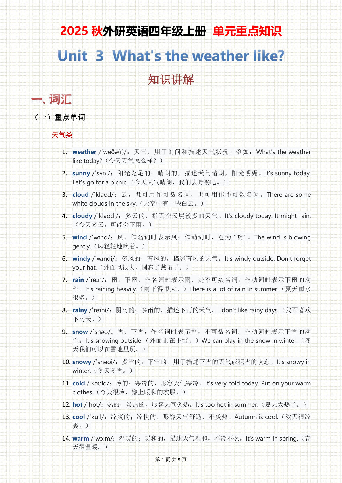 2025秋外研英语四年级上册 单元重点知识 Unit 03（5页）