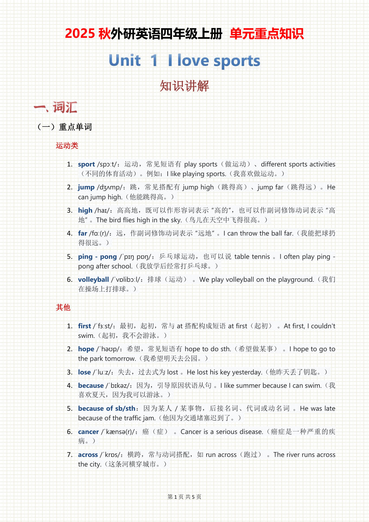 2025秋外研英语四年级上册 单元重点知识 Unit 01（5页）
