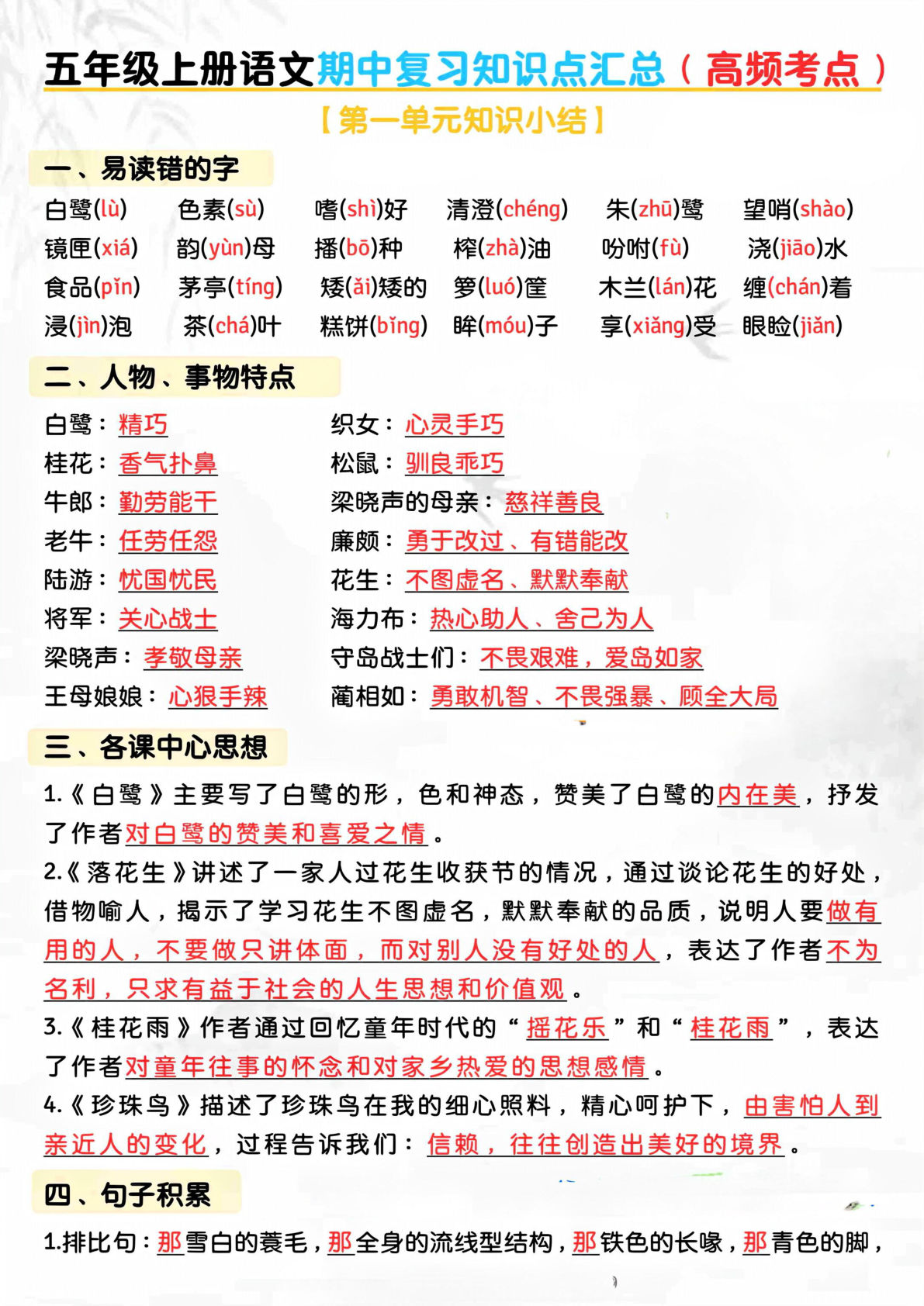 五年级上册语文期中复习1-4单元高频考点知识点汇总19页