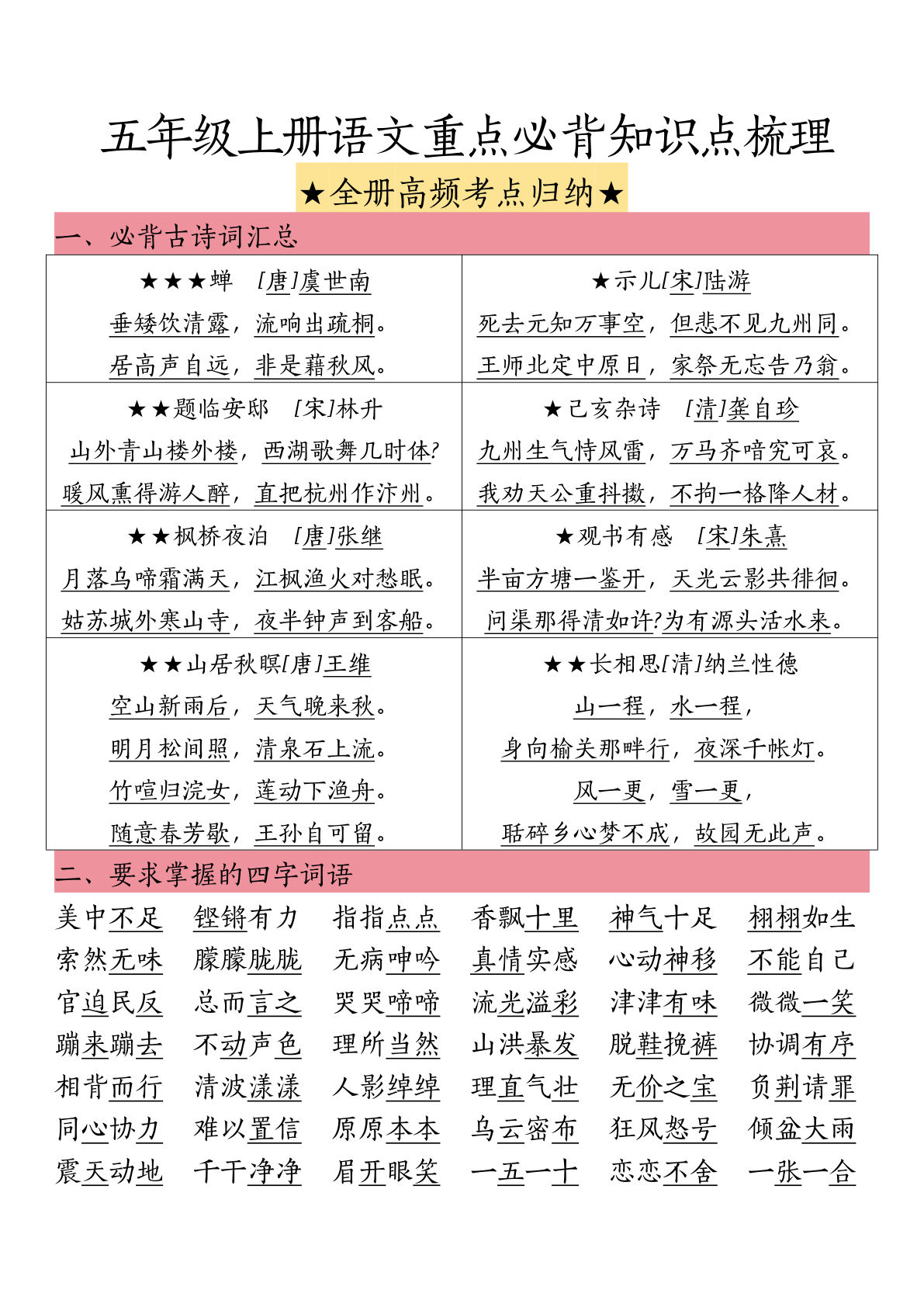五年级上册语文重点必背知识点梳理