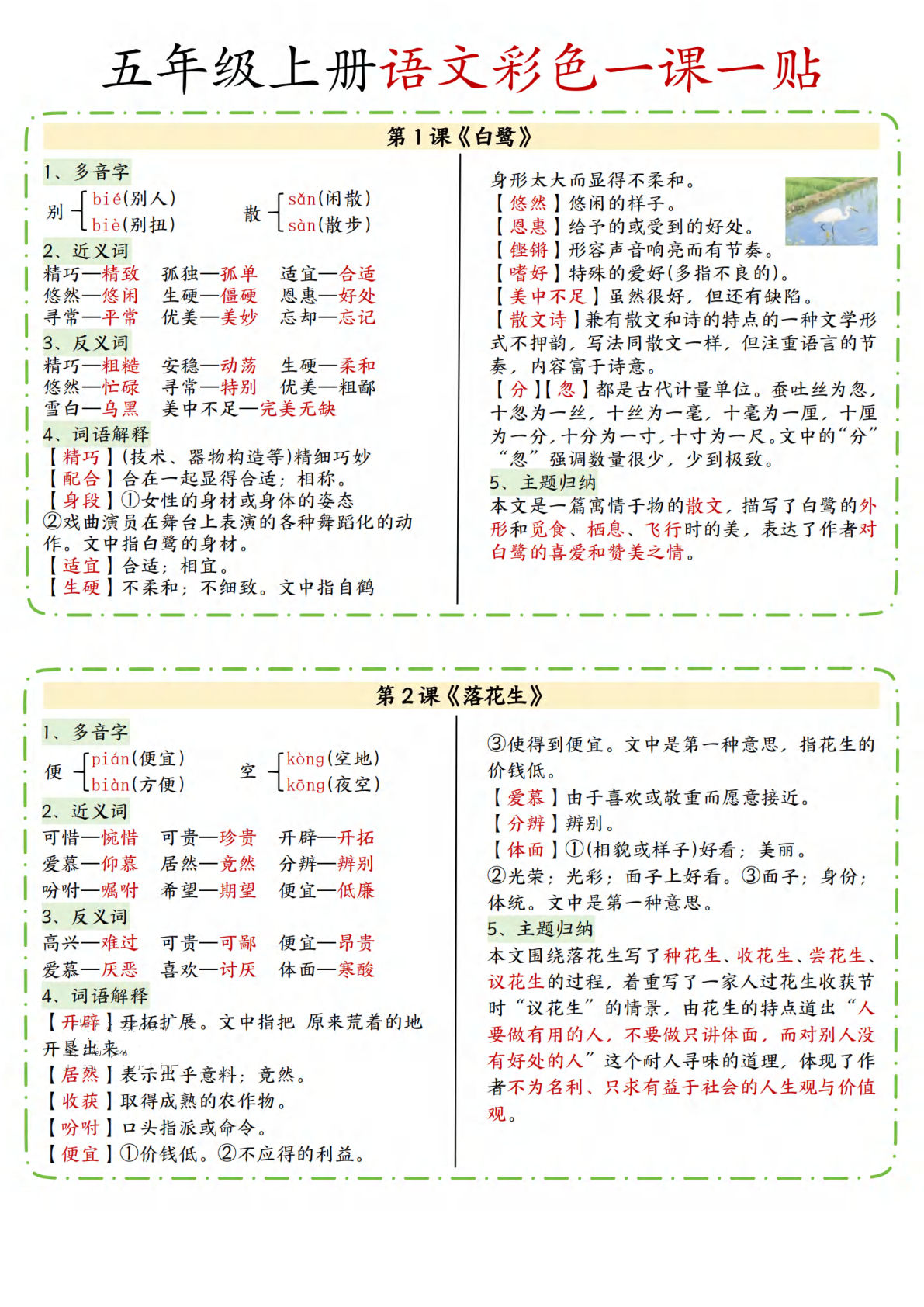 五年级上册语文彩色一课一贴7页